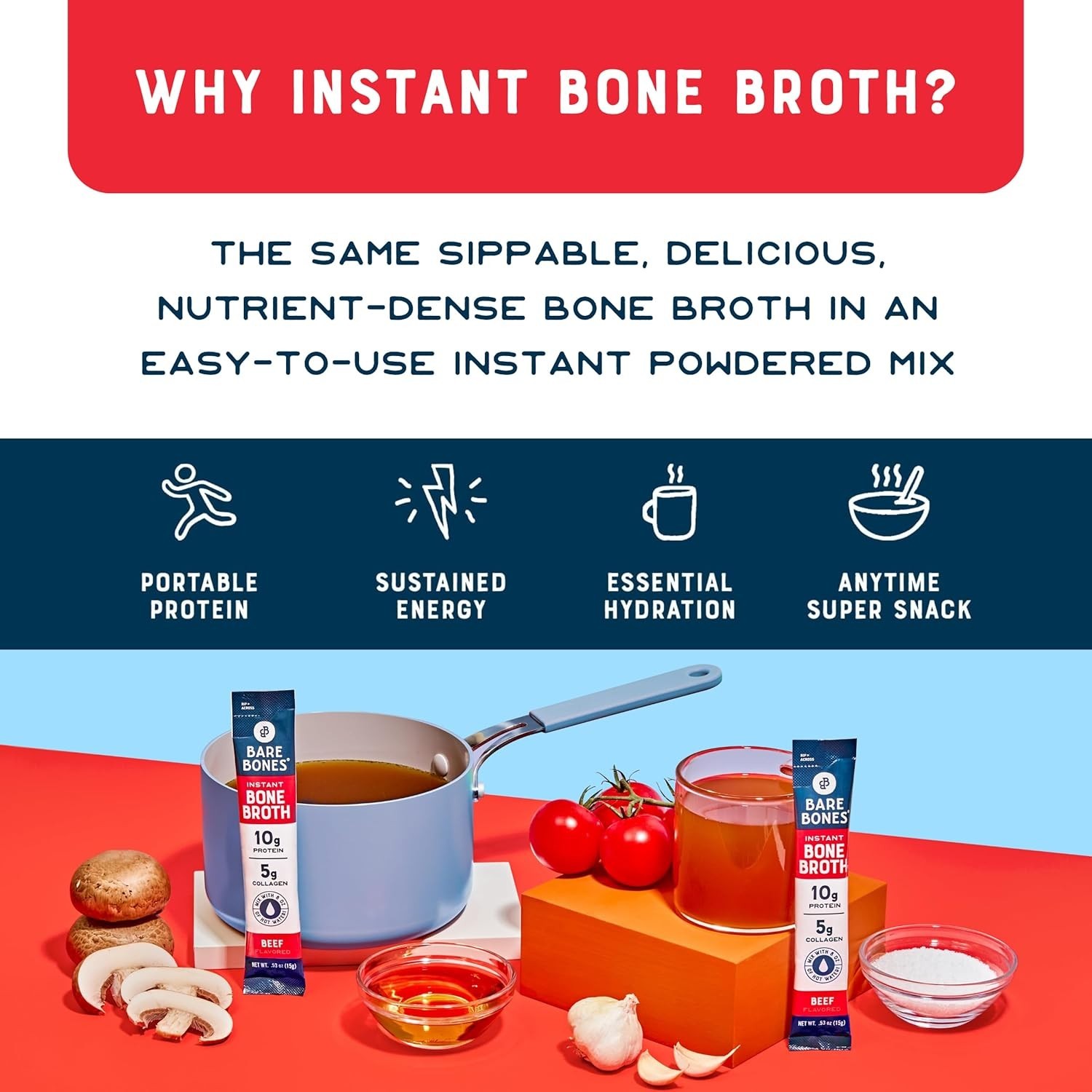 Bare Bones Beef Bone Broth Instant Powder Mix 16 Pack Keto Paleo 10g Protein