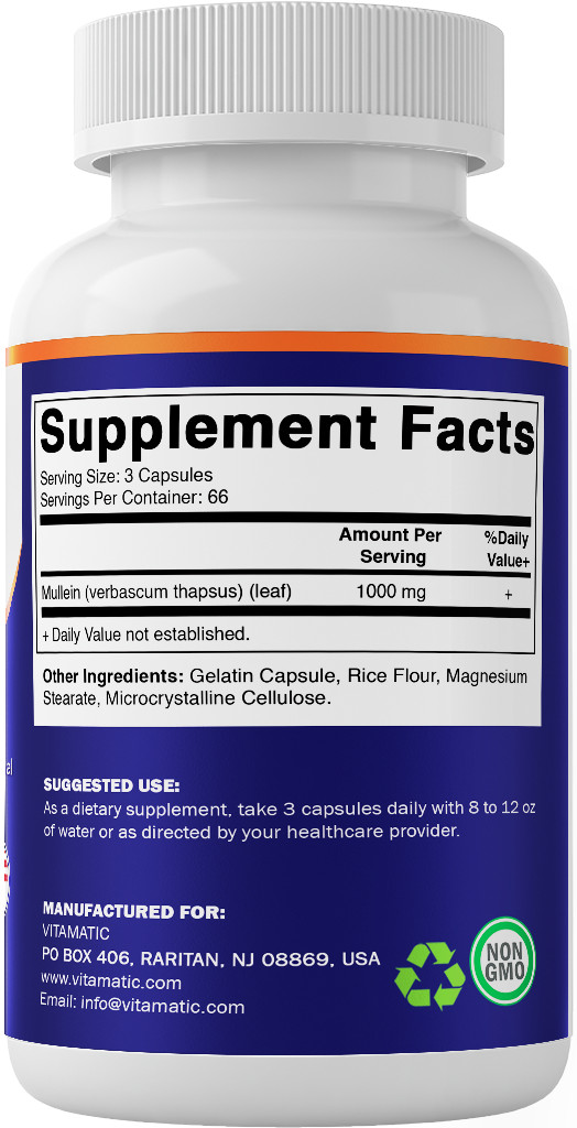 Vitamatic Mullein Leaf 1000mg per Serving 200 Capsules