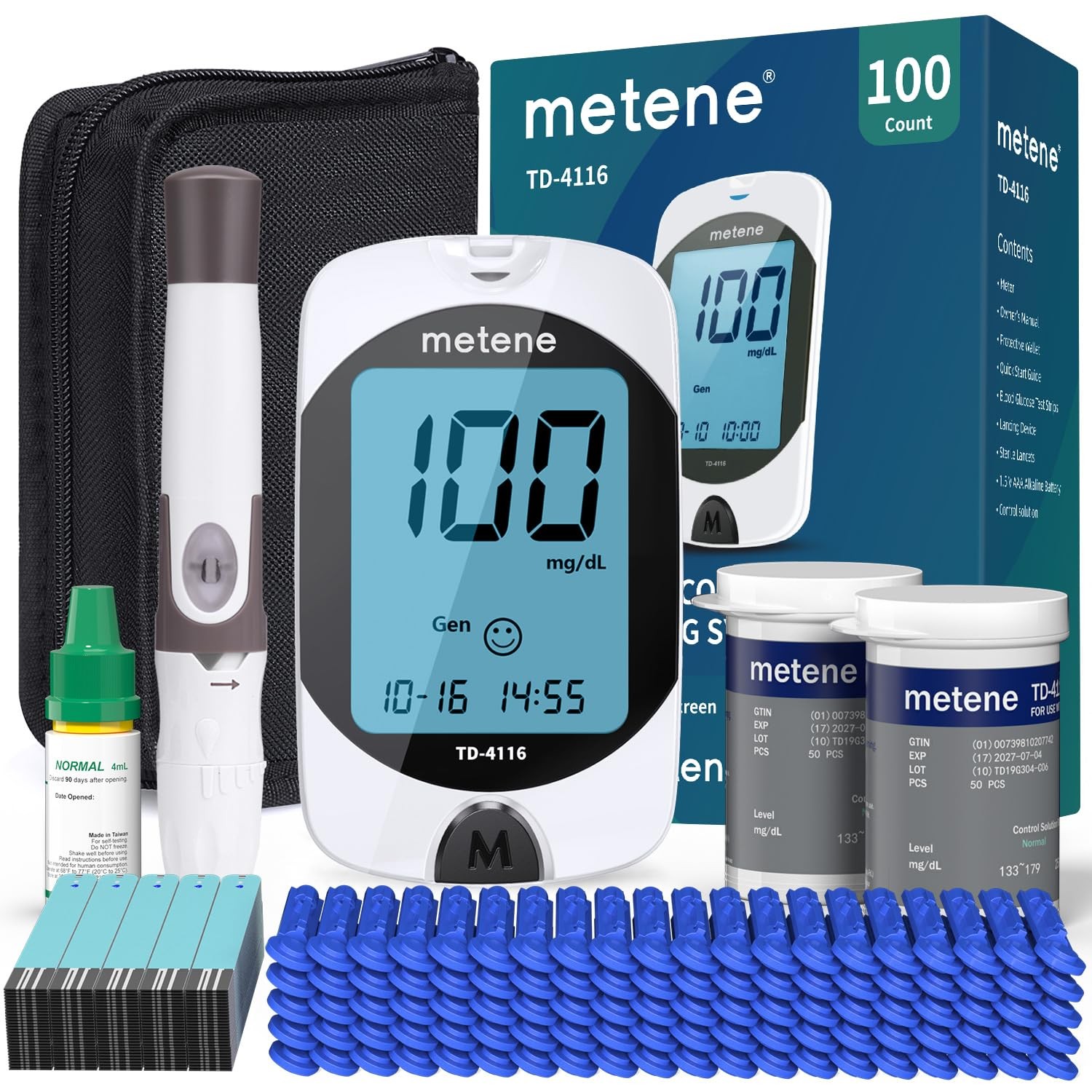 Metene TD-4116 Blood Glucose Monitor Kit, 100 Glucometer Strips, No Coding | 100