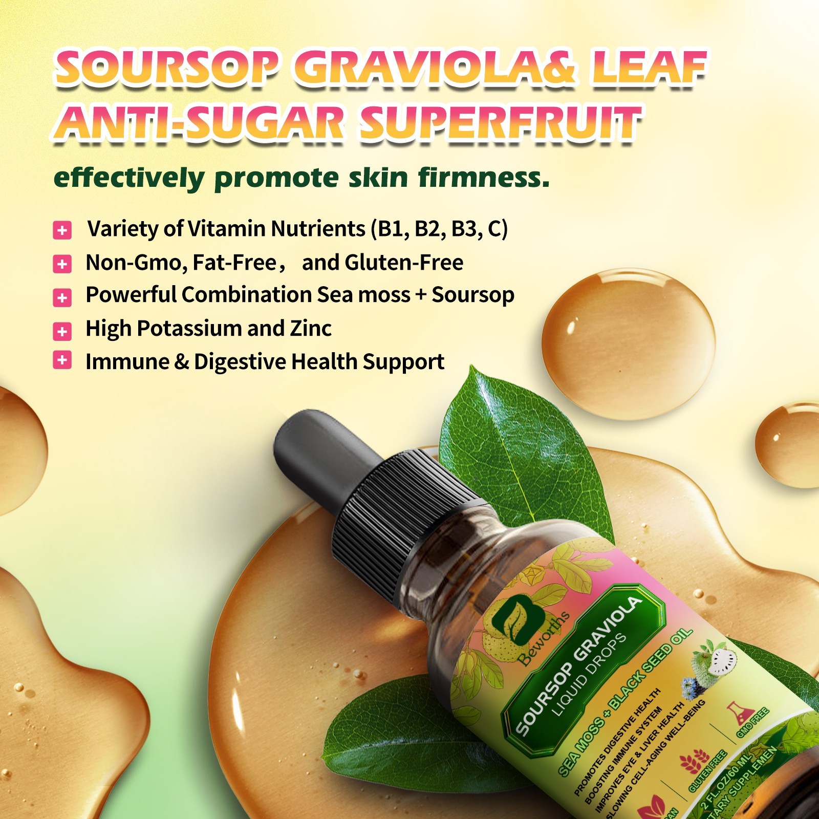 Soursop Graviola Extract Liquid Drop with Sea Moss Black Pepper Burdock Root