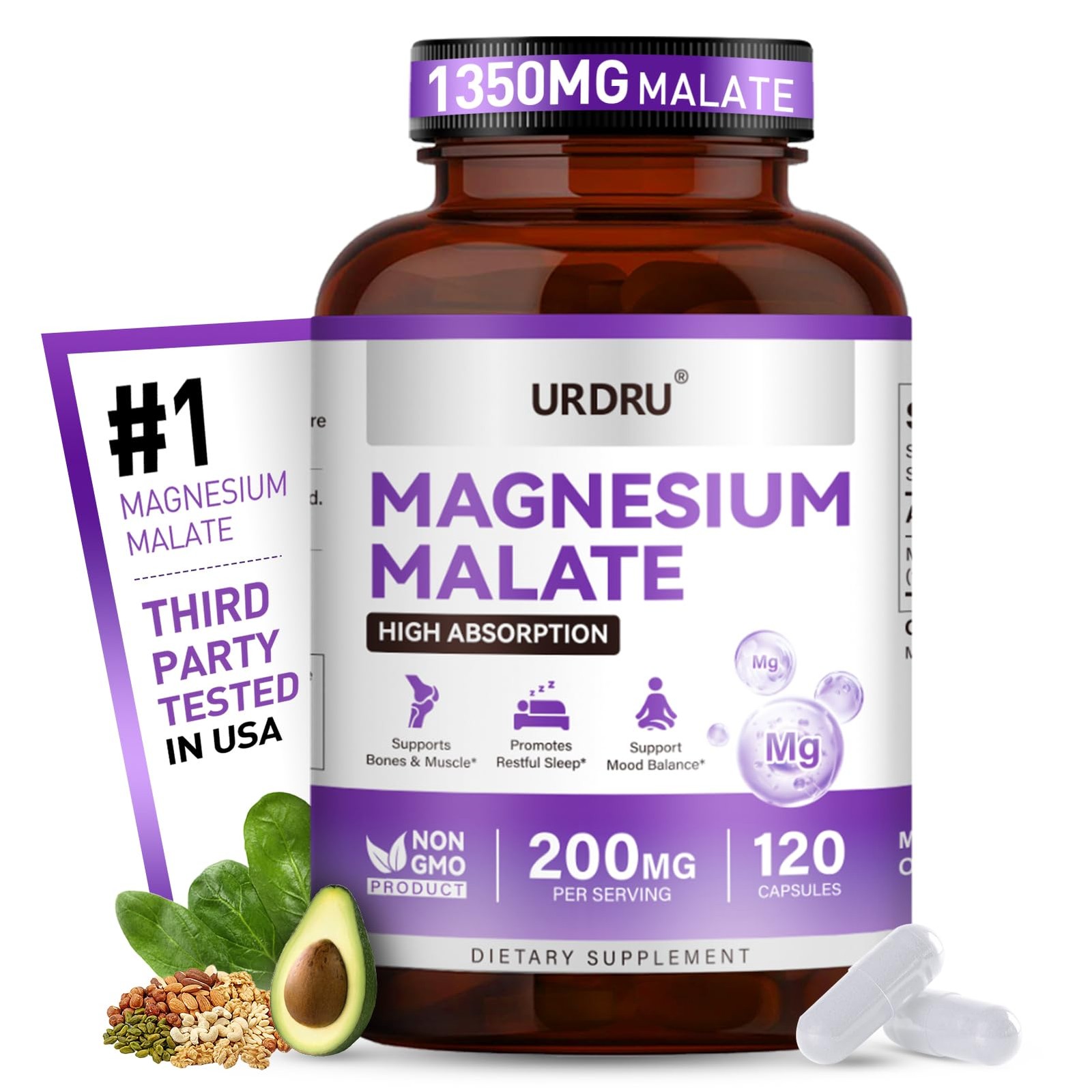 1350mg Magnesium Malate – Supplements with 120 Count (Pack of 1)