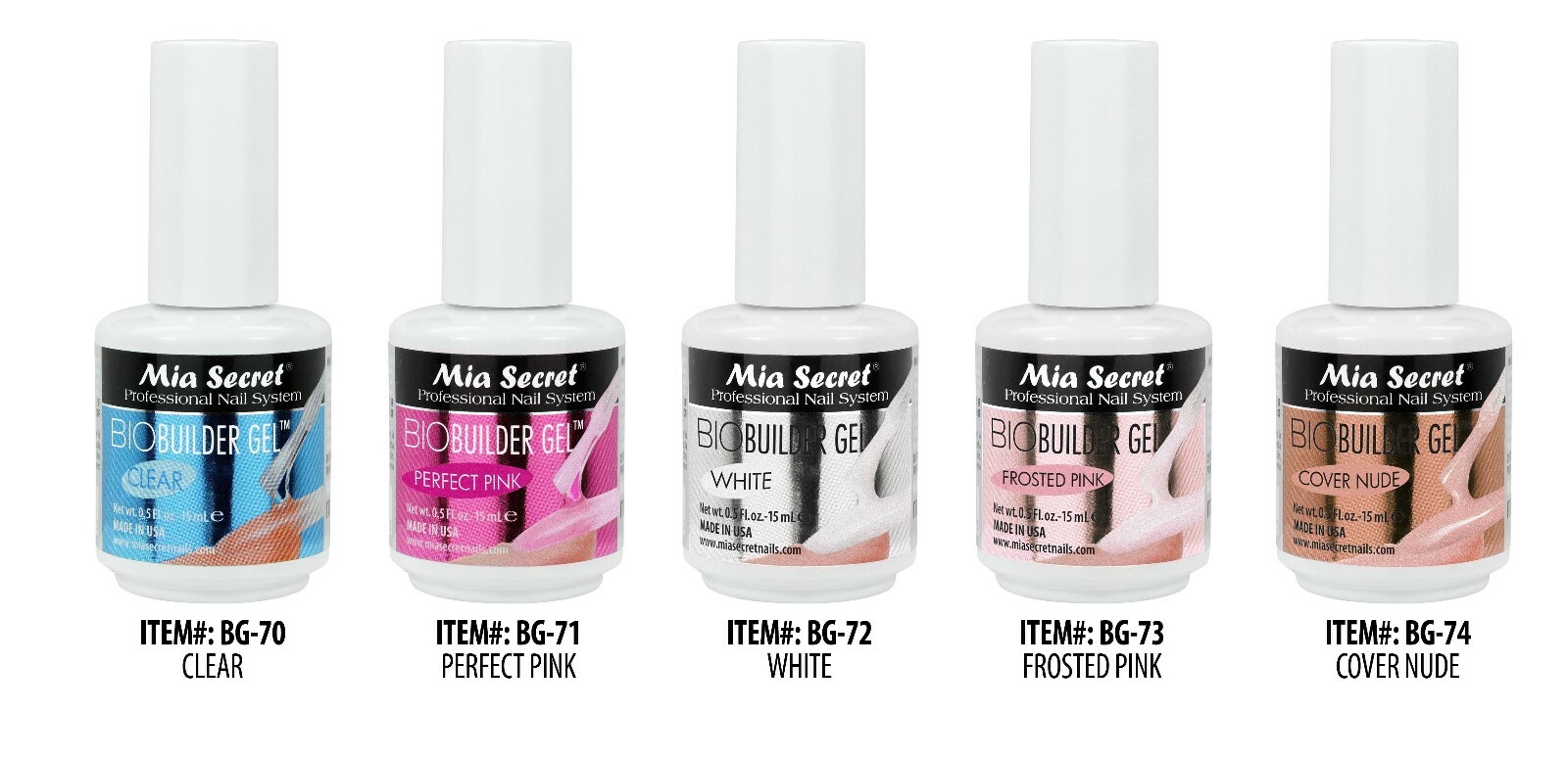 Mia Secret BioBuilder Gel in Clear, Pink, White, Frosted Pink &/ Nude 0.5oz/15mL