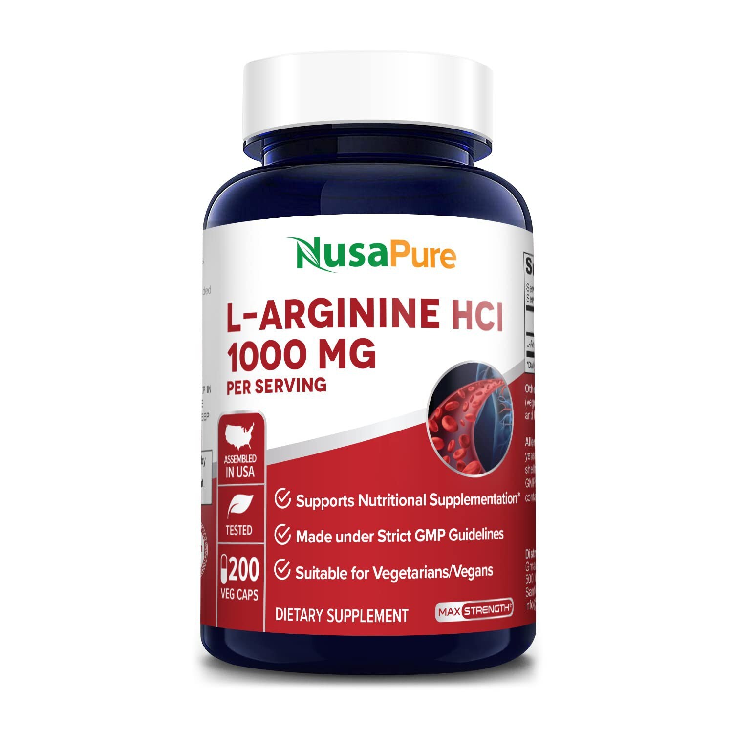 NusaPure L-Arginine 1000 mg 200 Veggie Capsules Non-GMO Vegetarian & Gluten Free