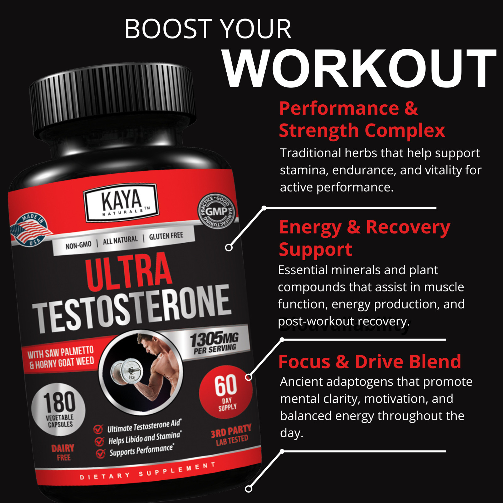 Natural Testosterone Booster 180ct Increase Male Energy Improve Muscle Strength