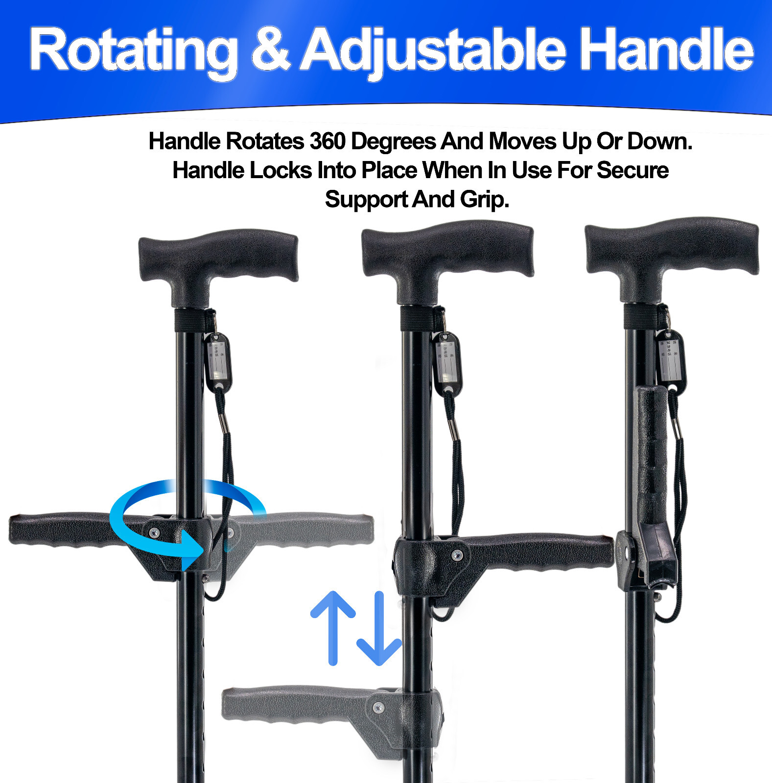 Walking Stick Cane Quad Four Prong Base, Adjustable Dual Handle, Self Standing