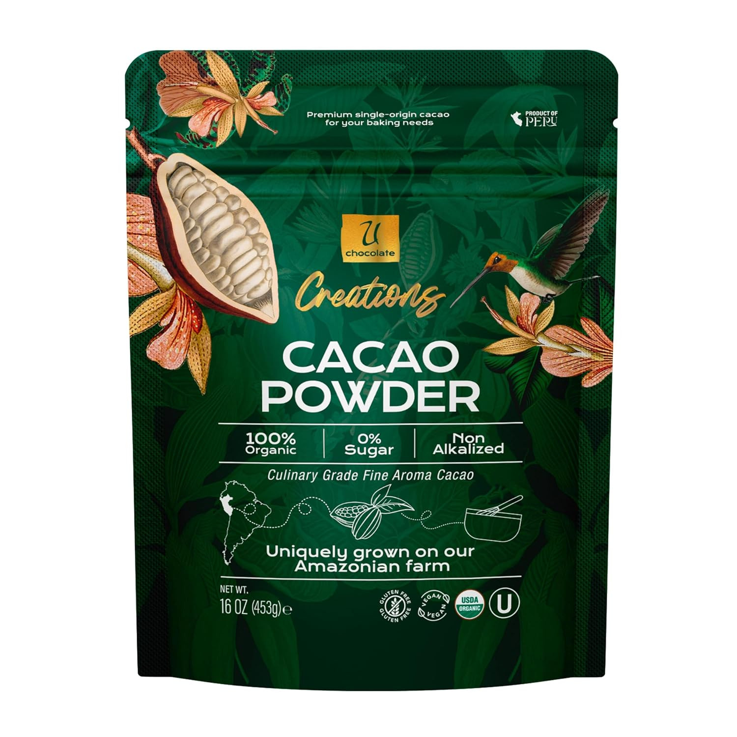 U Chocolate Organic Cacao Powder Natural Fresh From our Farm 1 bag 16 oz