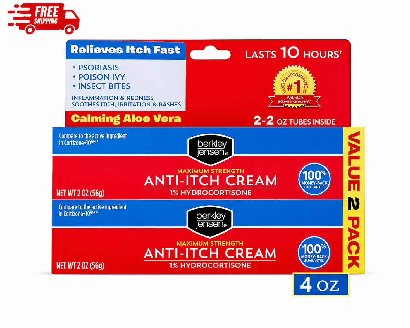 Berkley Jensen Anti-Itch Cream 1% Hydrocortisone Aloe Vera 2oz Pack of 2