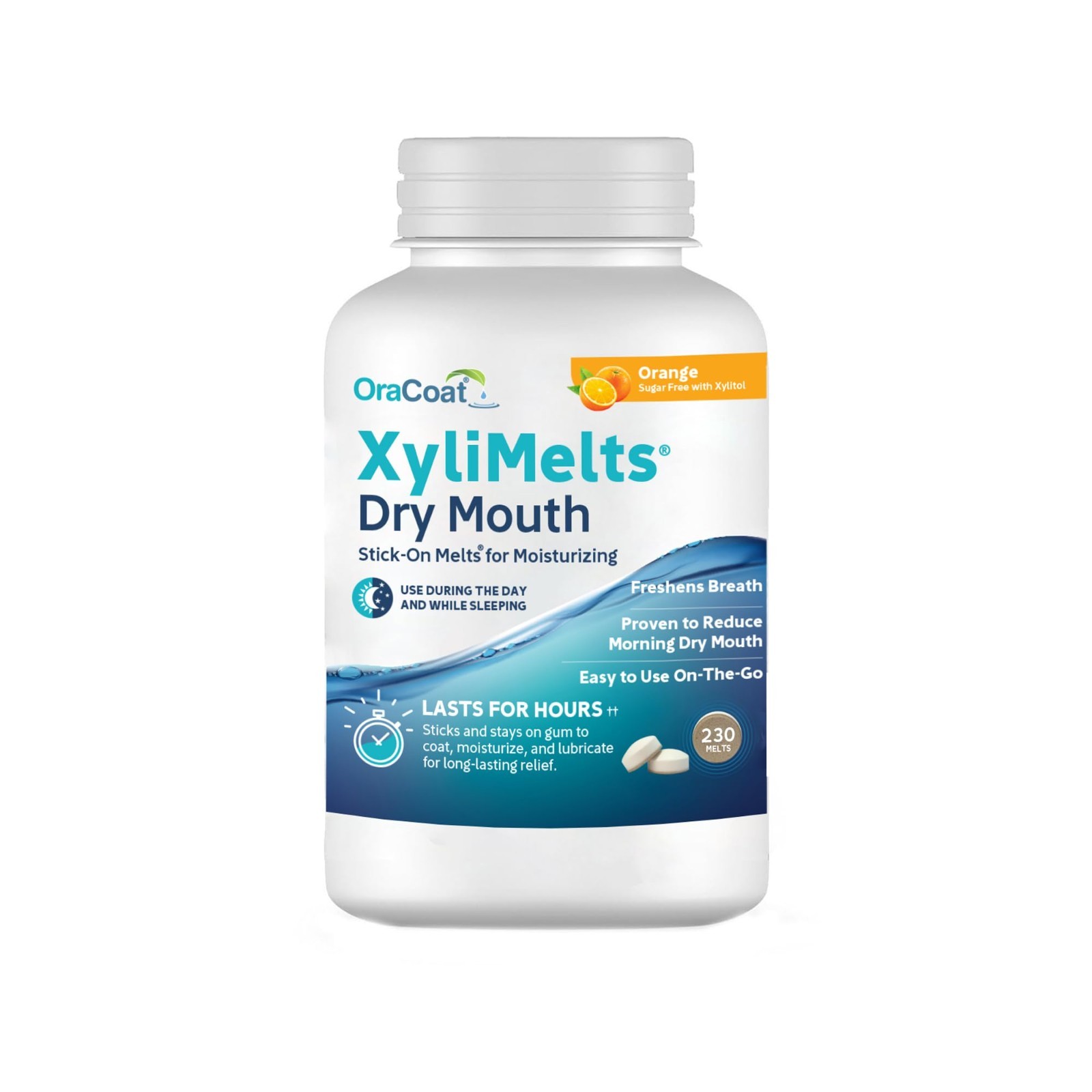 230 Ct Oracoat XyliMelts for Dry Mouth Night Time or Day. Orange Flavor, 8-Hour