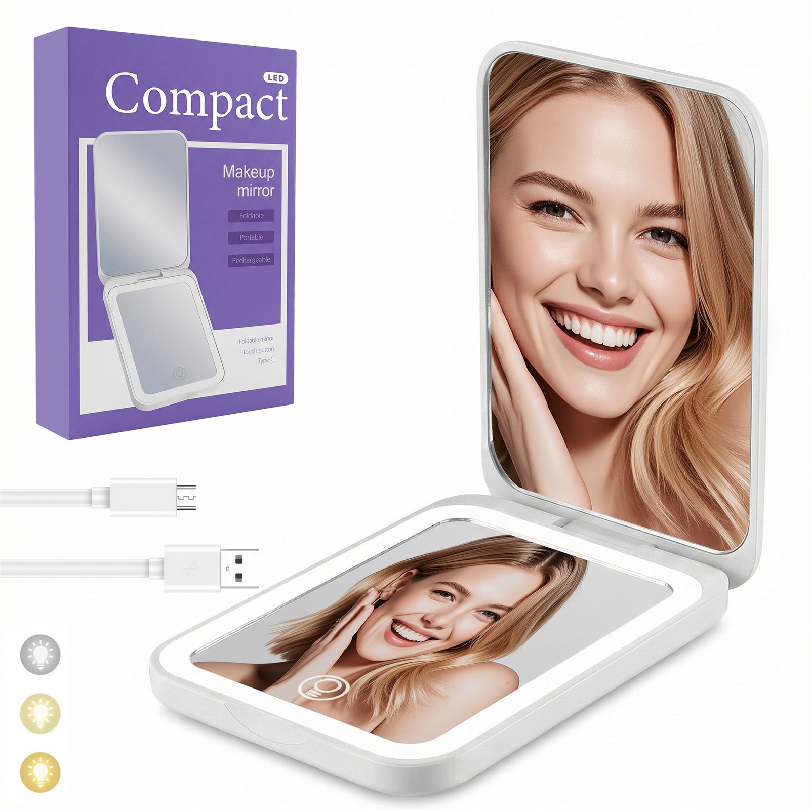 LED Mirror Pocket Makeup Mirror Compact Double Mirror with LED USB Rechargeable