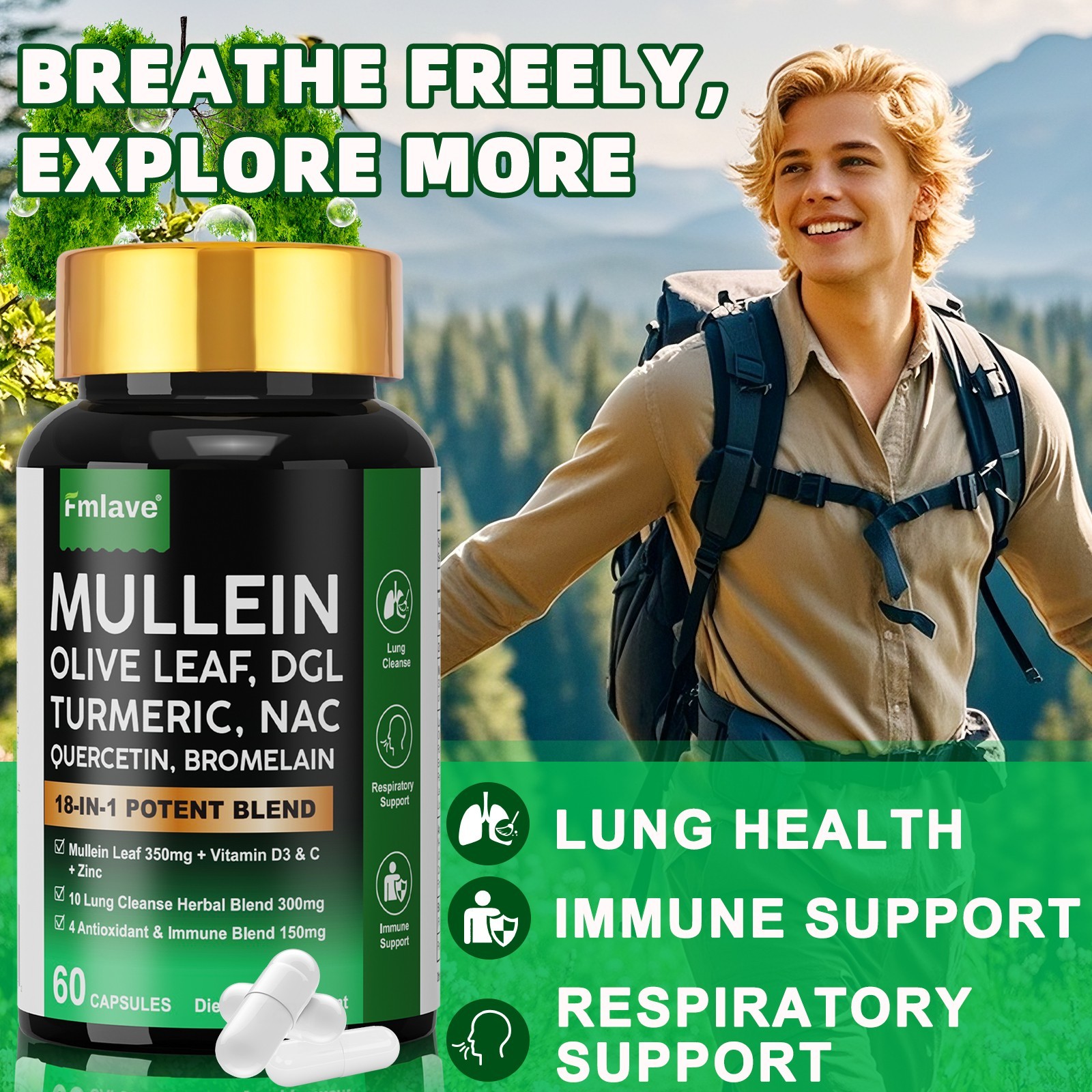 Mullein Leaf Capsules for Lung Cleansing & Detox Herbal Dietary Supplement 18in1