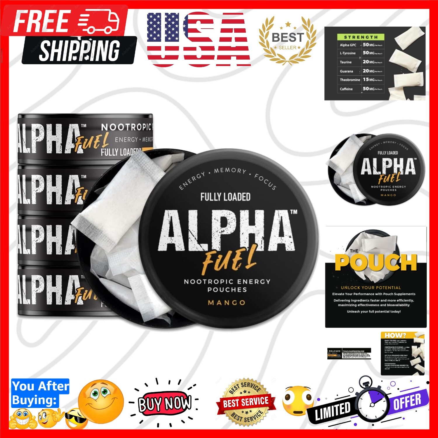On-the-Go Mango Energy: 5 Cans of Alpha Fuel Nootropic Pouches, 100% Sugar-Free