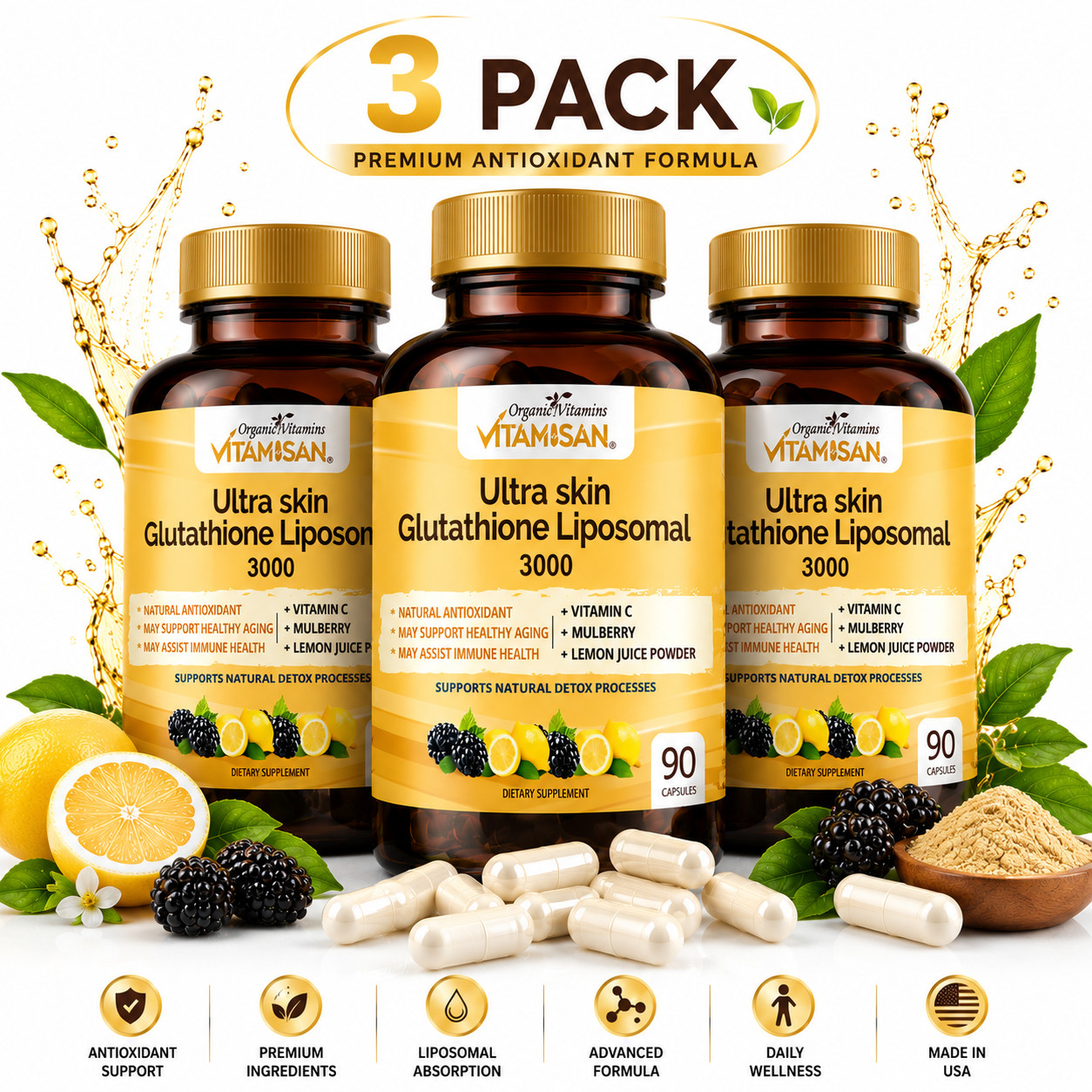Liposomal Glutathione 3000mg 3 Pack Premium Wellness 270 Capsules