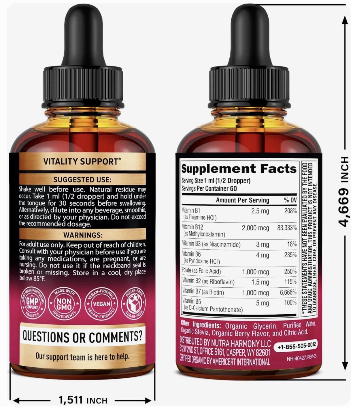 Nutra Harmony Vitamin B Complex Liquid 20000mcg B12 Energy Brain Mood Vegan New!