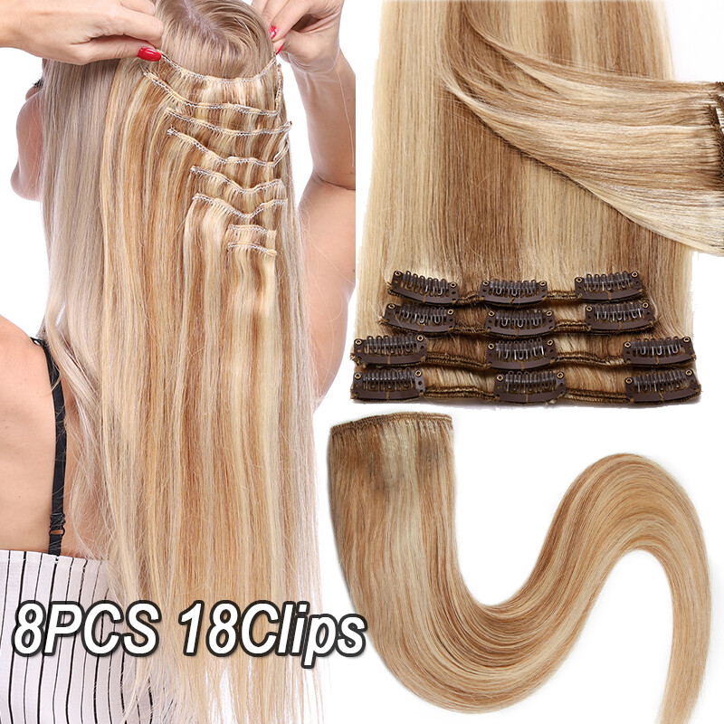 Clip In Human Hair Extensions Russian Remy Hair 8 Pieces with 18 Clips Full Head