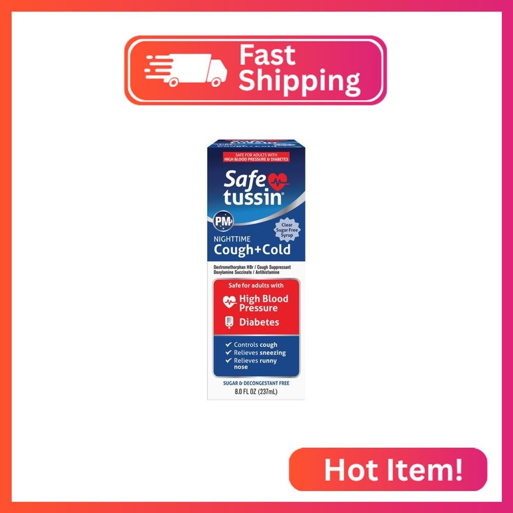 Safetussin PM Night Time Cold and Cough Medicine for Adults, 8 oz, Cough Relief