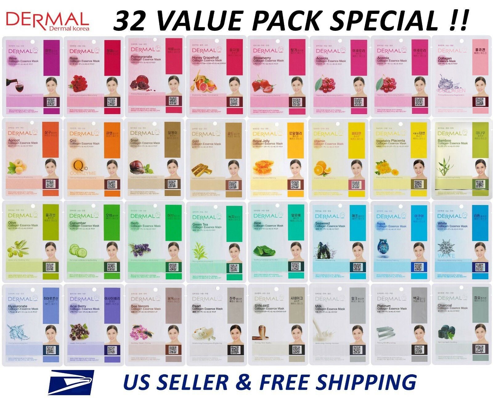 Dermal Korea Collagen Essence Full Face Facial Mask Sheet (32 Combo Pack) New