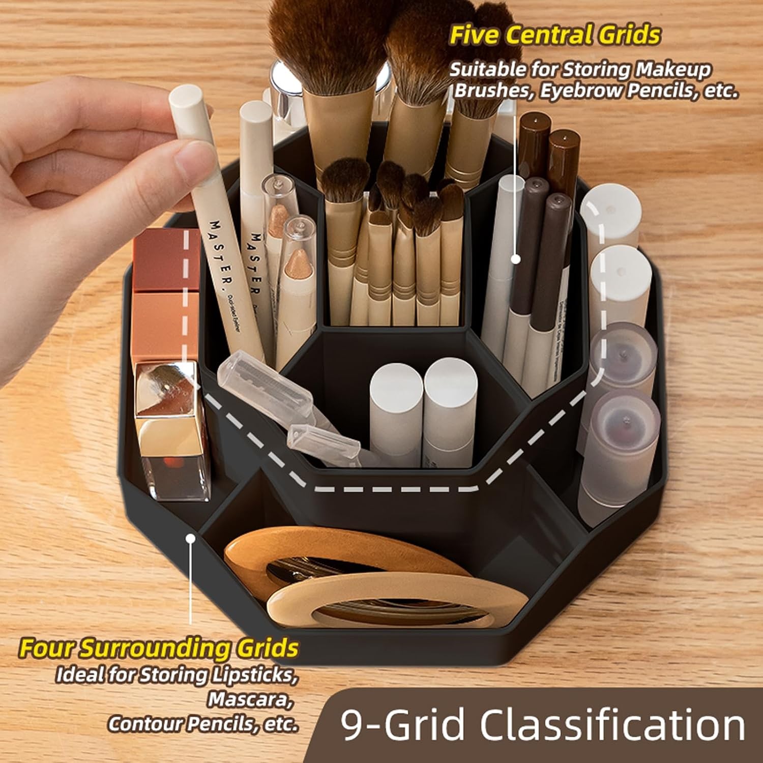 360° Rotating Black Makeup Brush Holder Organizer with 9 Slots,Makeup Organizers
