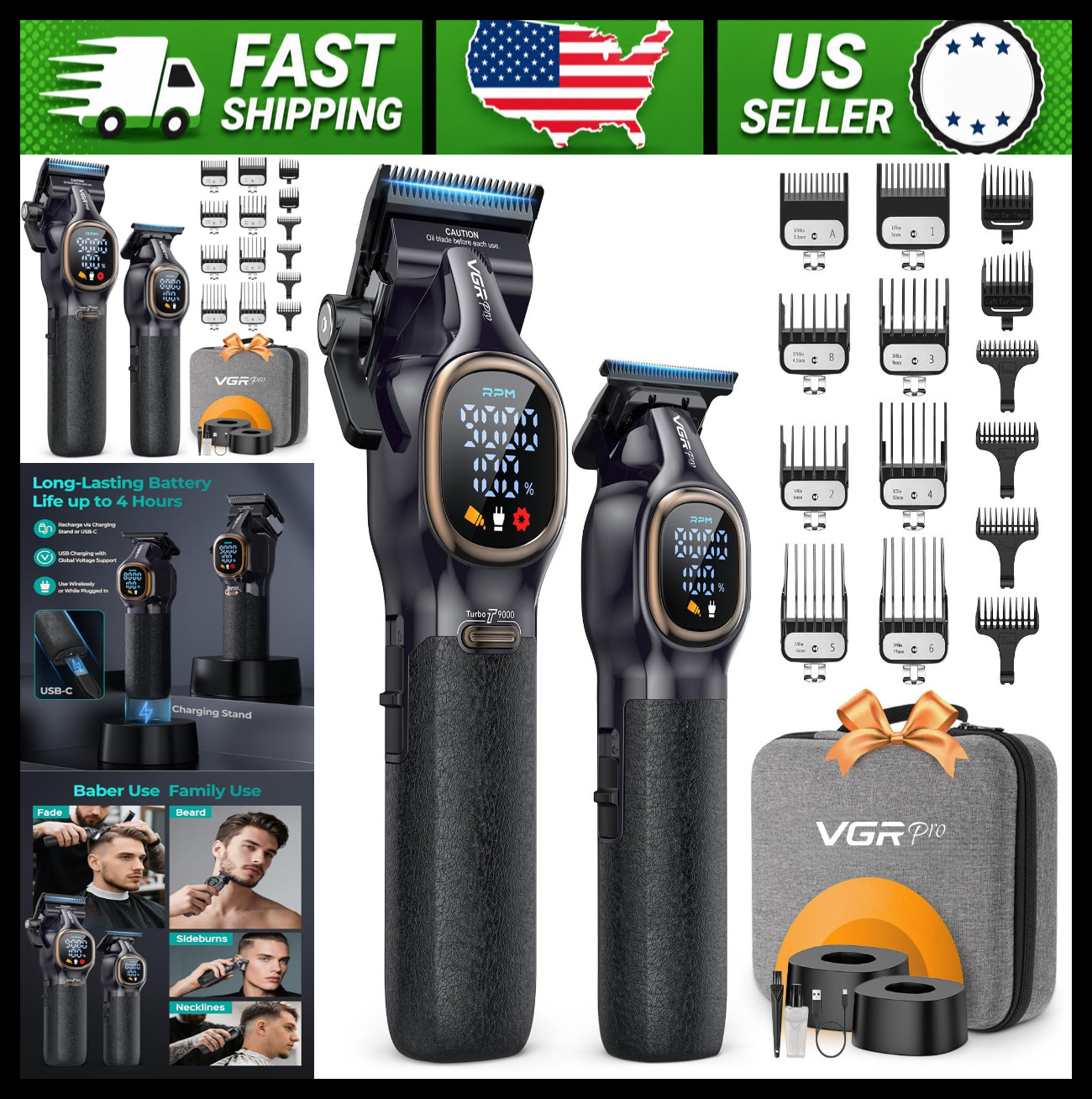 VGRPRO Cordless Hair Clippers and Trimmer Set for Men with Case