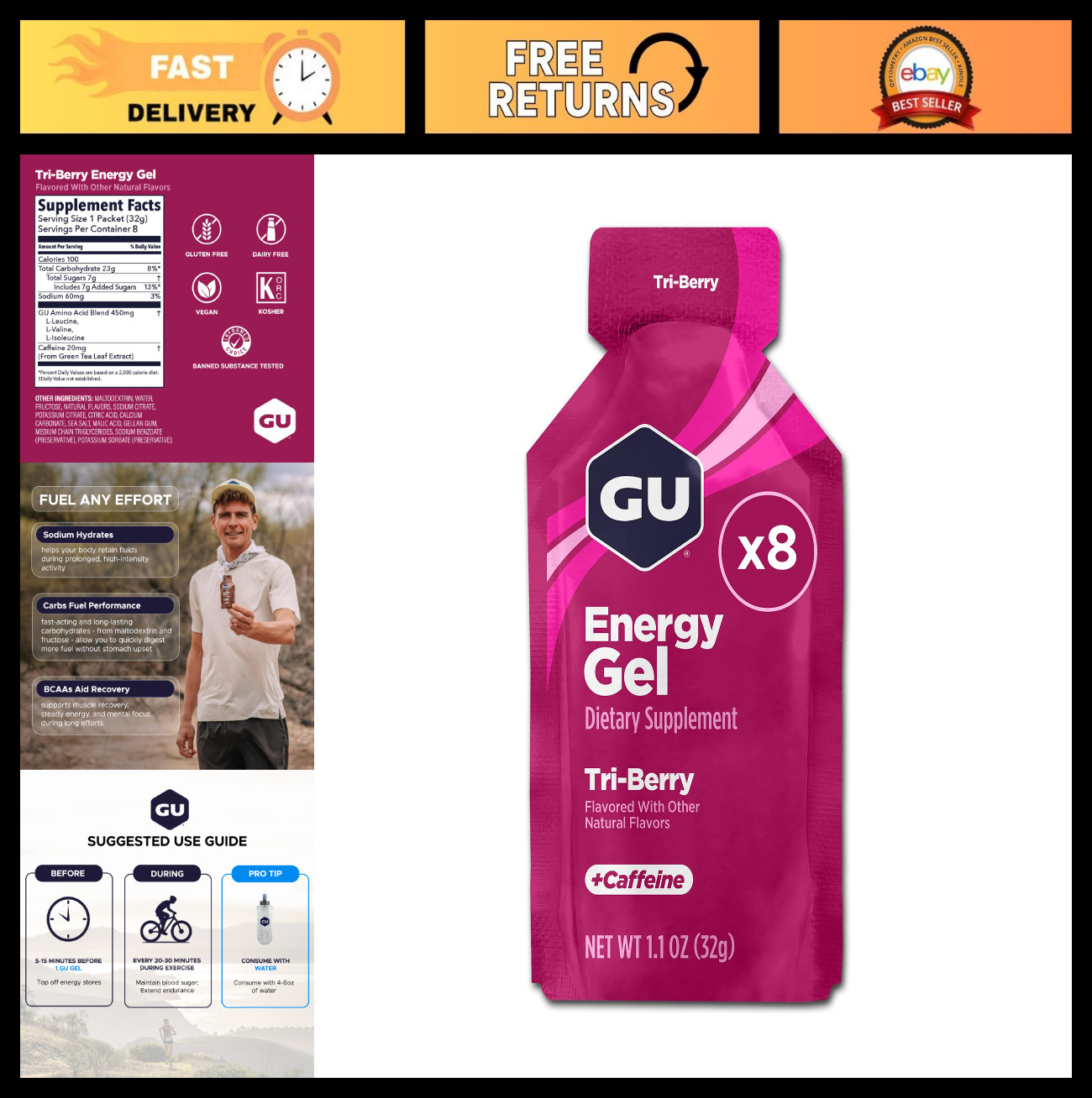 Vegan Energy Gel Pack – Gluten-Free, Dairy-Free, Kosher, Tri-Berry Flavor, 8-Cou