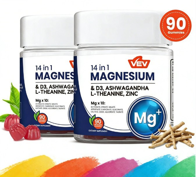 Pack of 2 VEV 14-in-1 Magnesium Gummy – 10 Mg Types + D3, Ashwagandha – 90 Ct