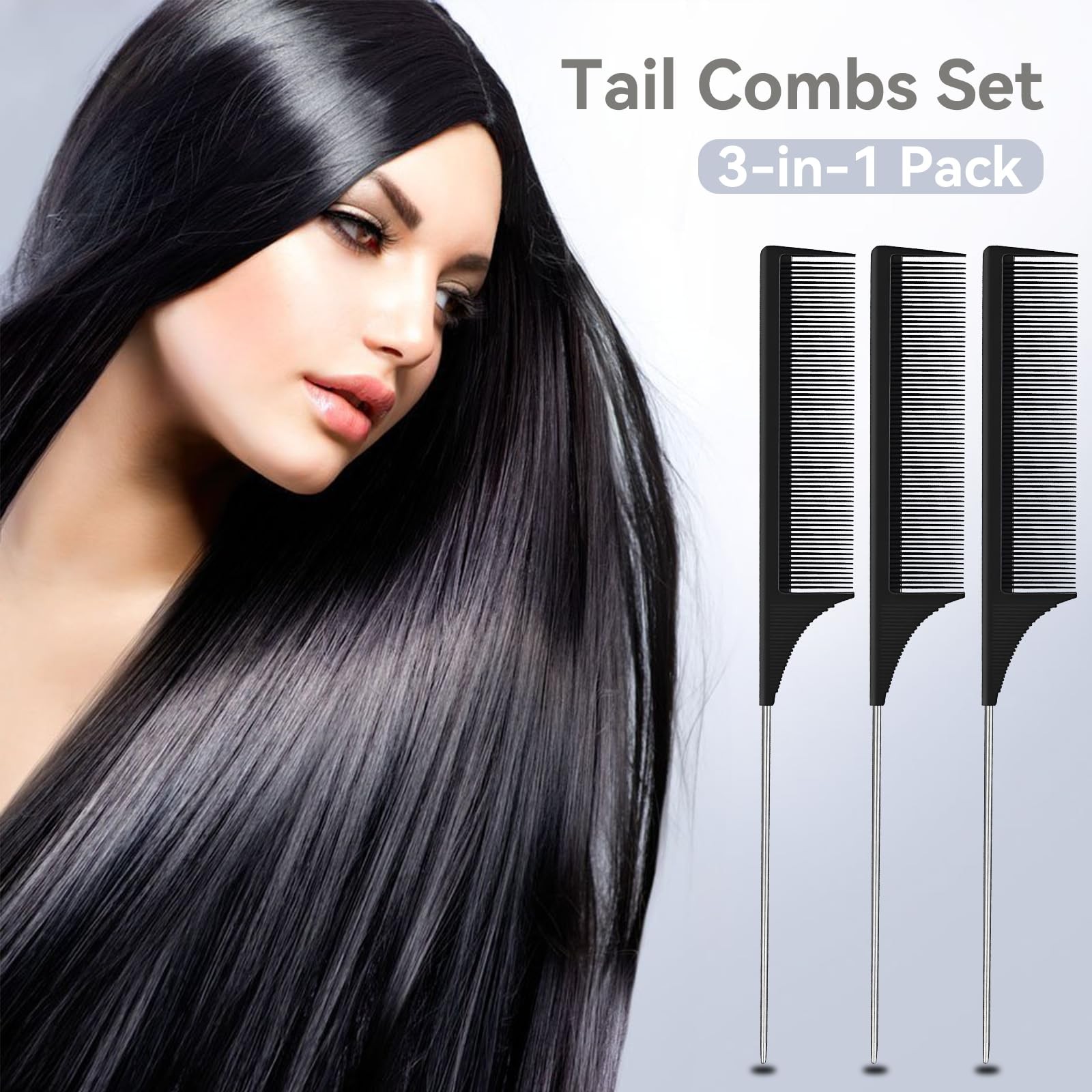 3 Pack Hair Rat Tail Combs Set, Parting Rattail, Teasing Fine Tooth Comb, Met…