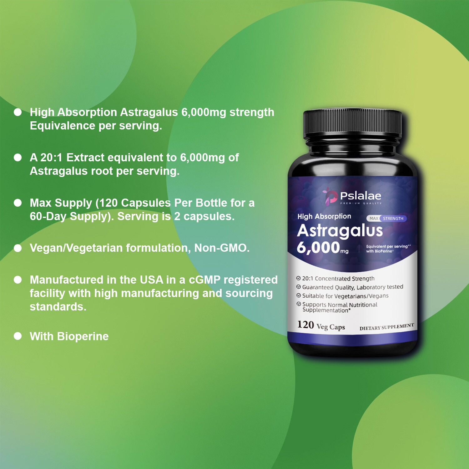 Astragalus Capsules 6000mg – Bioperine, Enhance Energy & Endurance Immune System