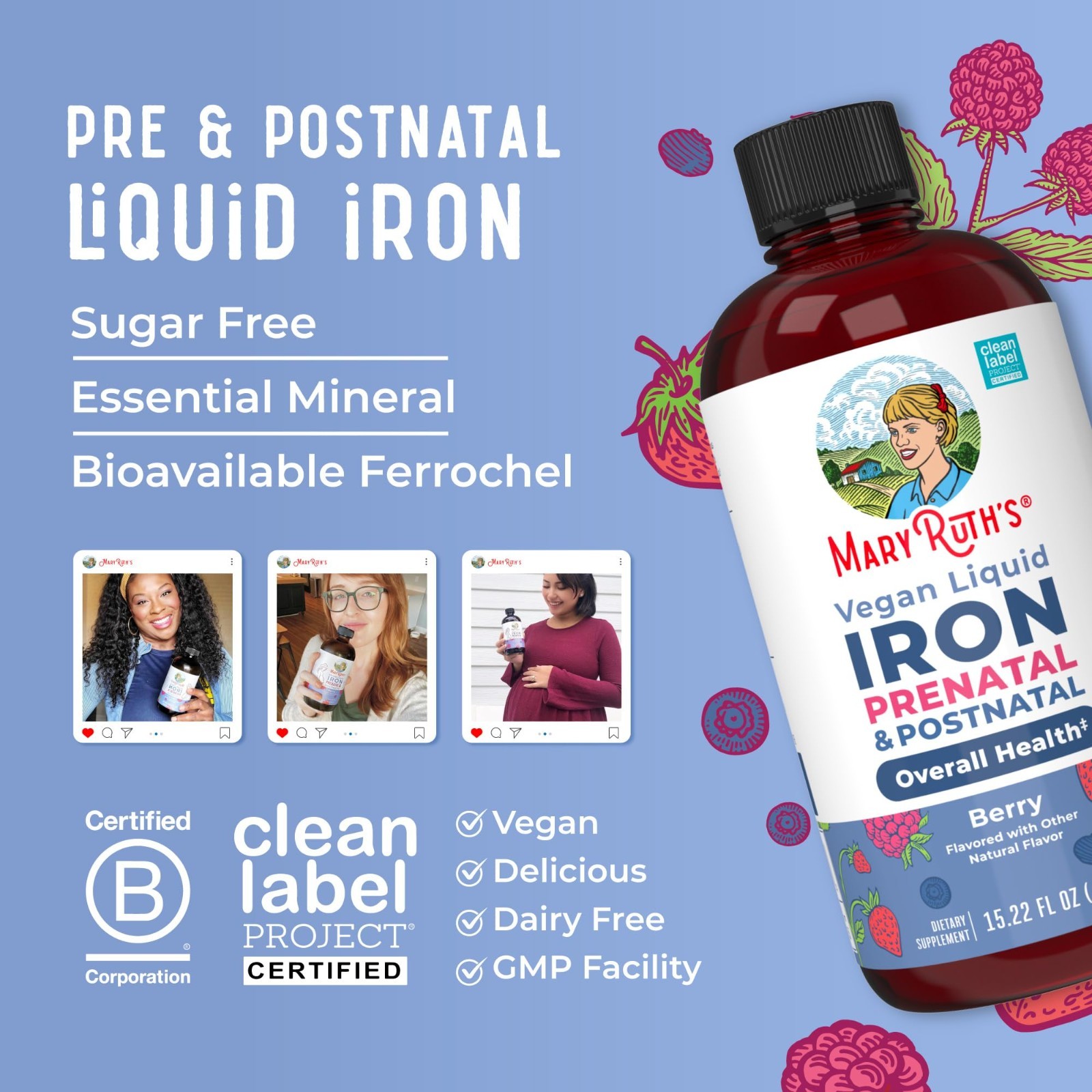 Prenatal & Postnatal Iron Liquid, Sugar Free Vegan Supplement, 15.22 Fl Oz, Non-