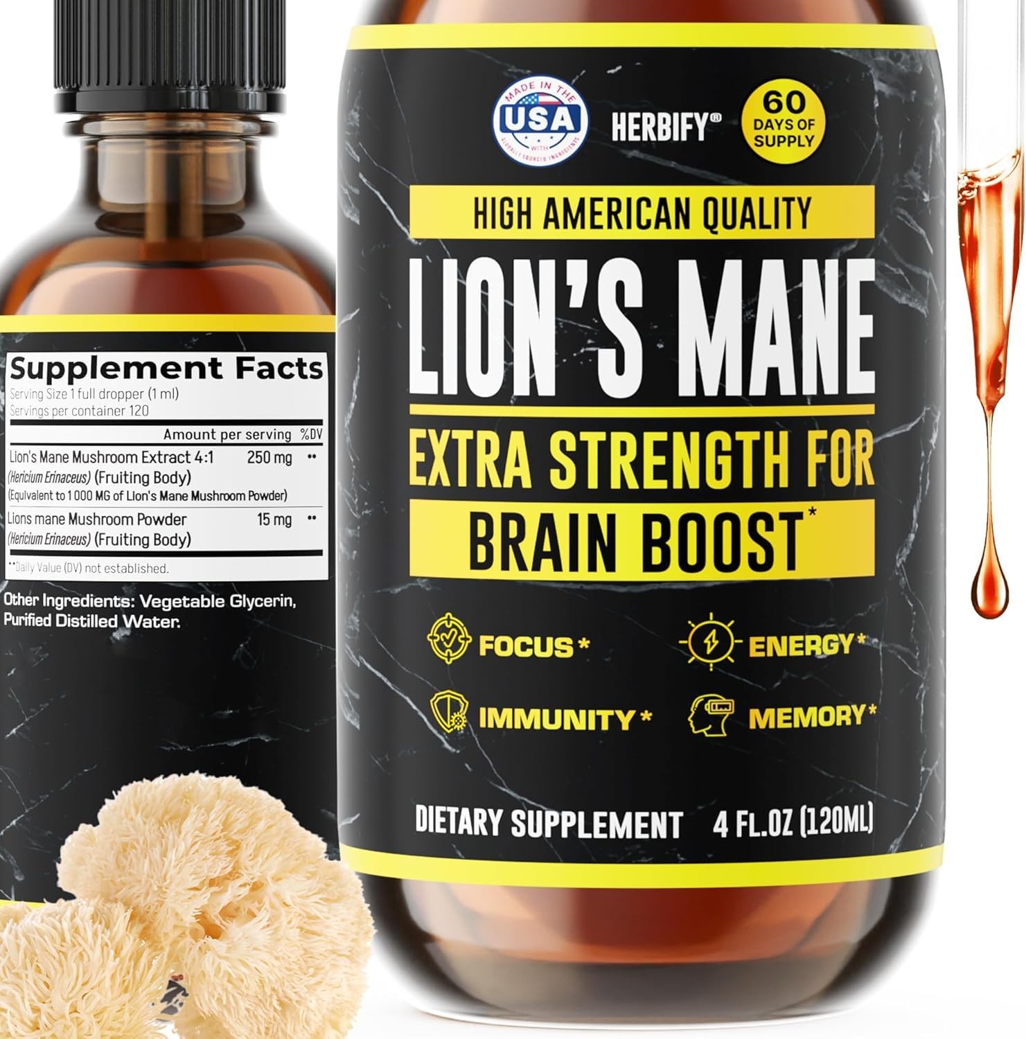 HERBIFY Lions Mane Supplement – Daily Mushroom 4 Fl Oz (Pack of 1)