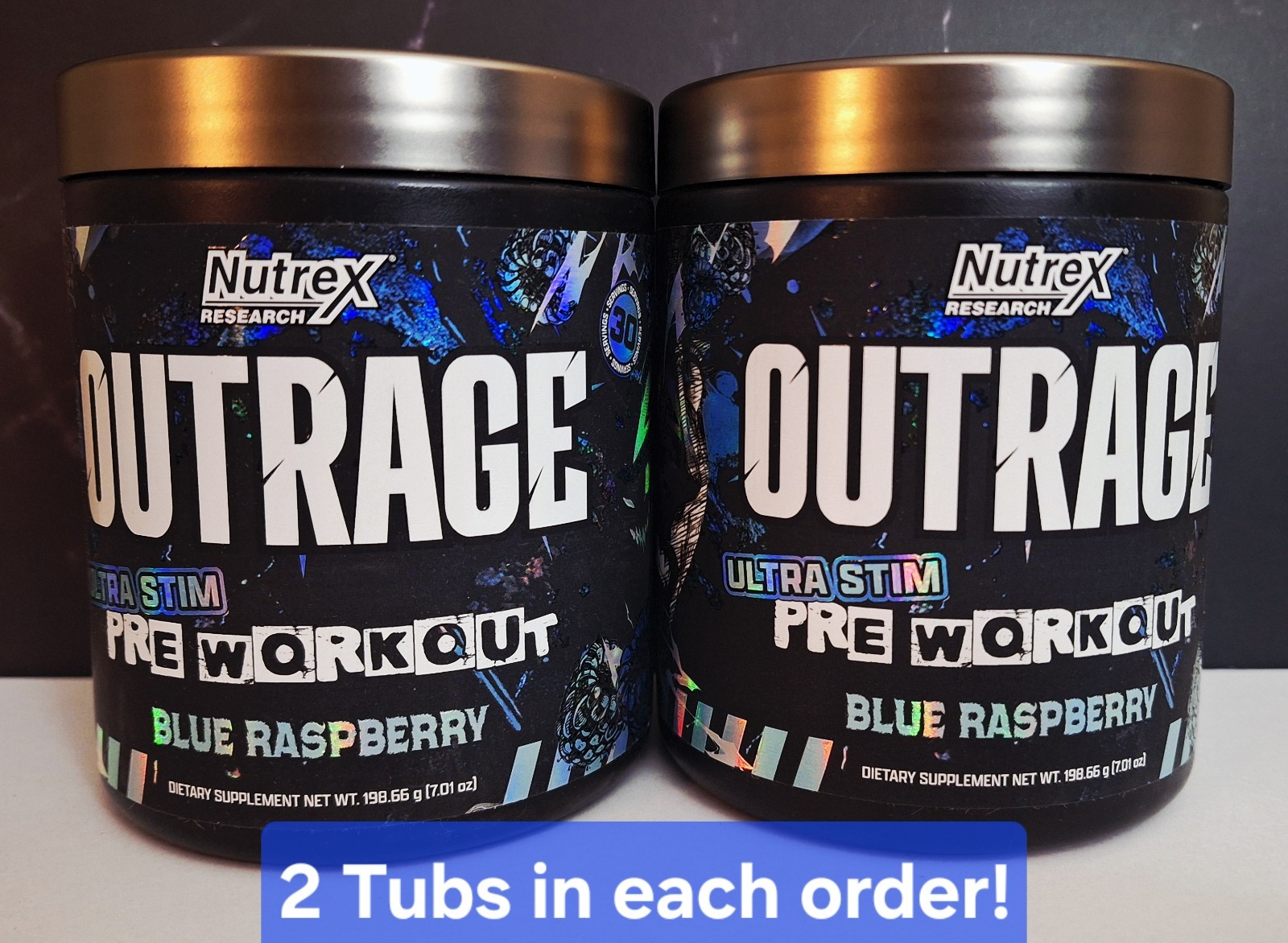 Nutrex Outrage Pre-Workout, Blue Raz, 2 Tubs, 400mg Caffeine, 30 Serv, 10/2028✨️