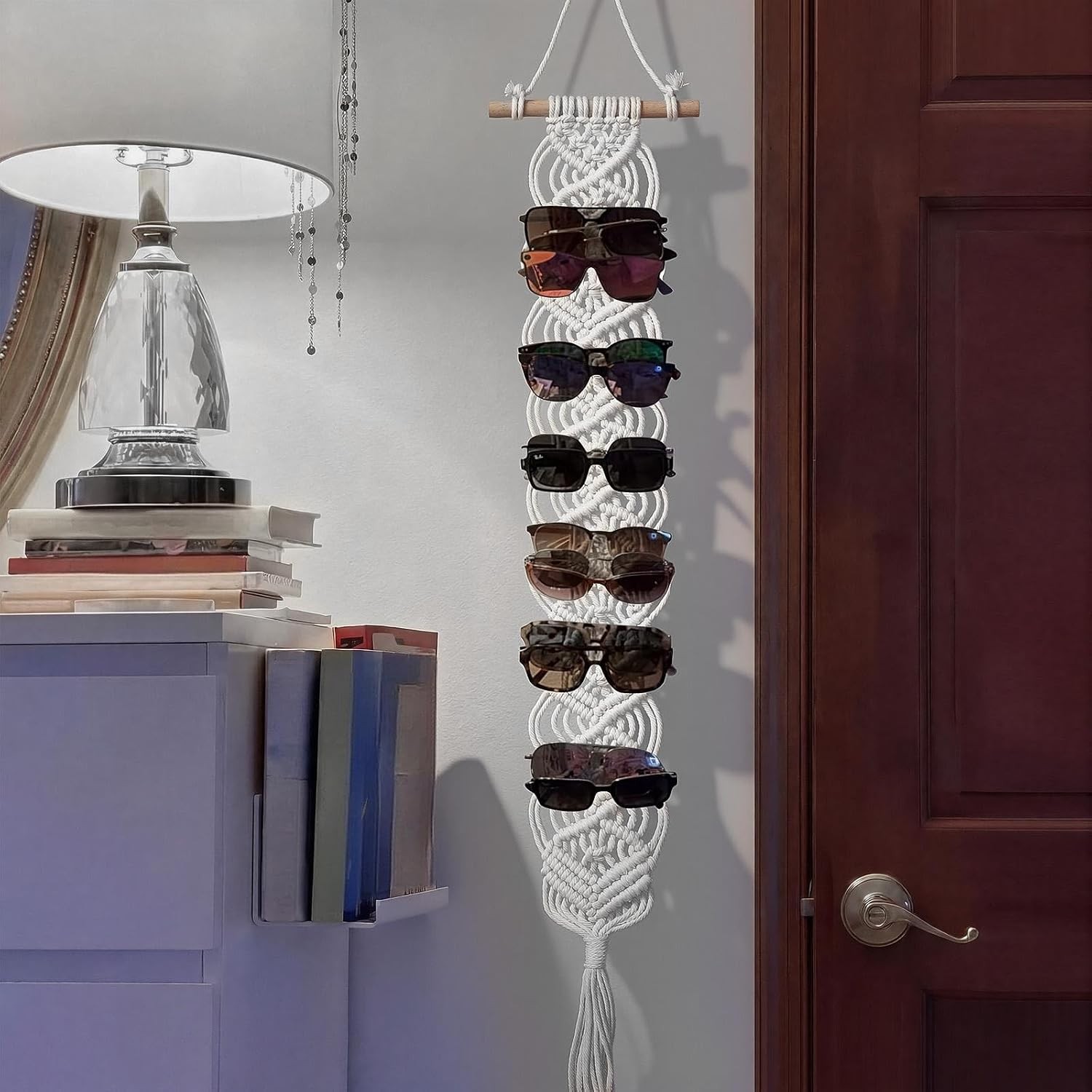 Macrame Sunglasses Holder Boho Wall Hanging Glasses Organizer Home Decor White