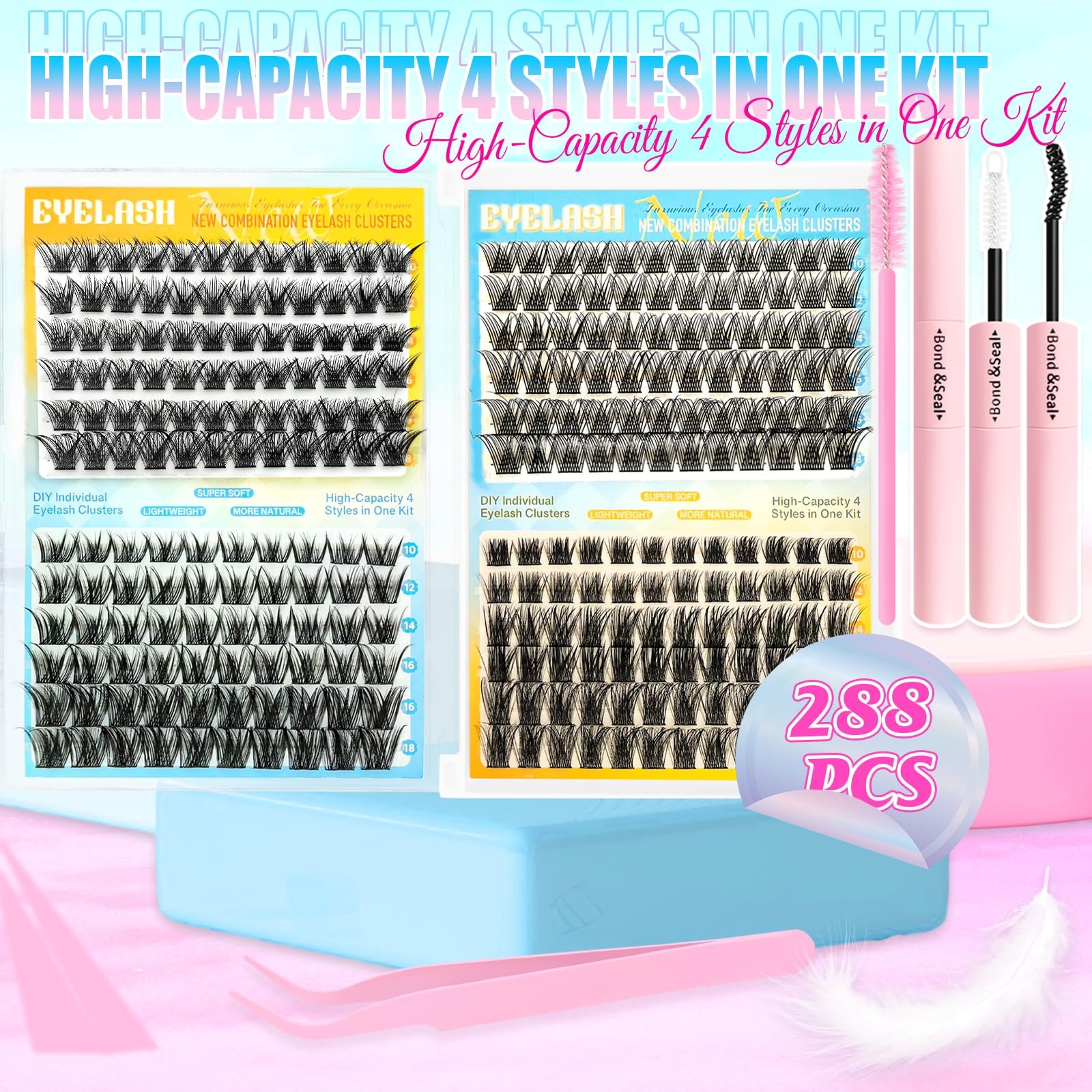 Lash Clusters Kit 288pcs, Natural Wispy 1 Count (Pack of 1), D Curl