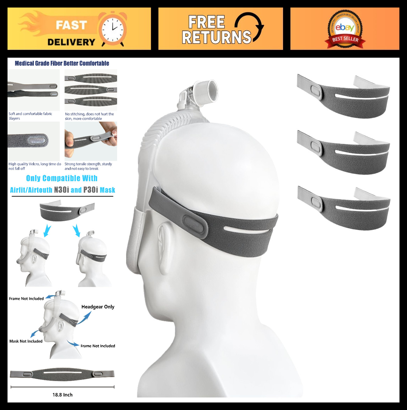3 Pack Replacement Headgear for N30i/P30i Nasal Mask – Soft, Durable, Adjustable