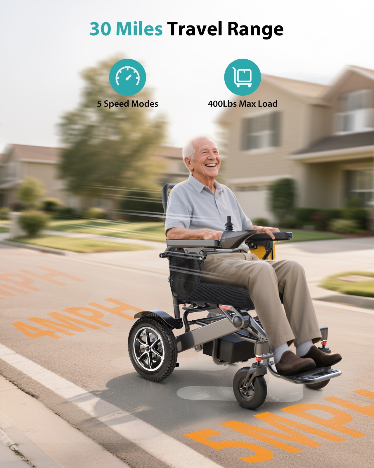 30 Miles Lightweight Foldable Electric Wheelchair for Adults, All-Terrain, Black
