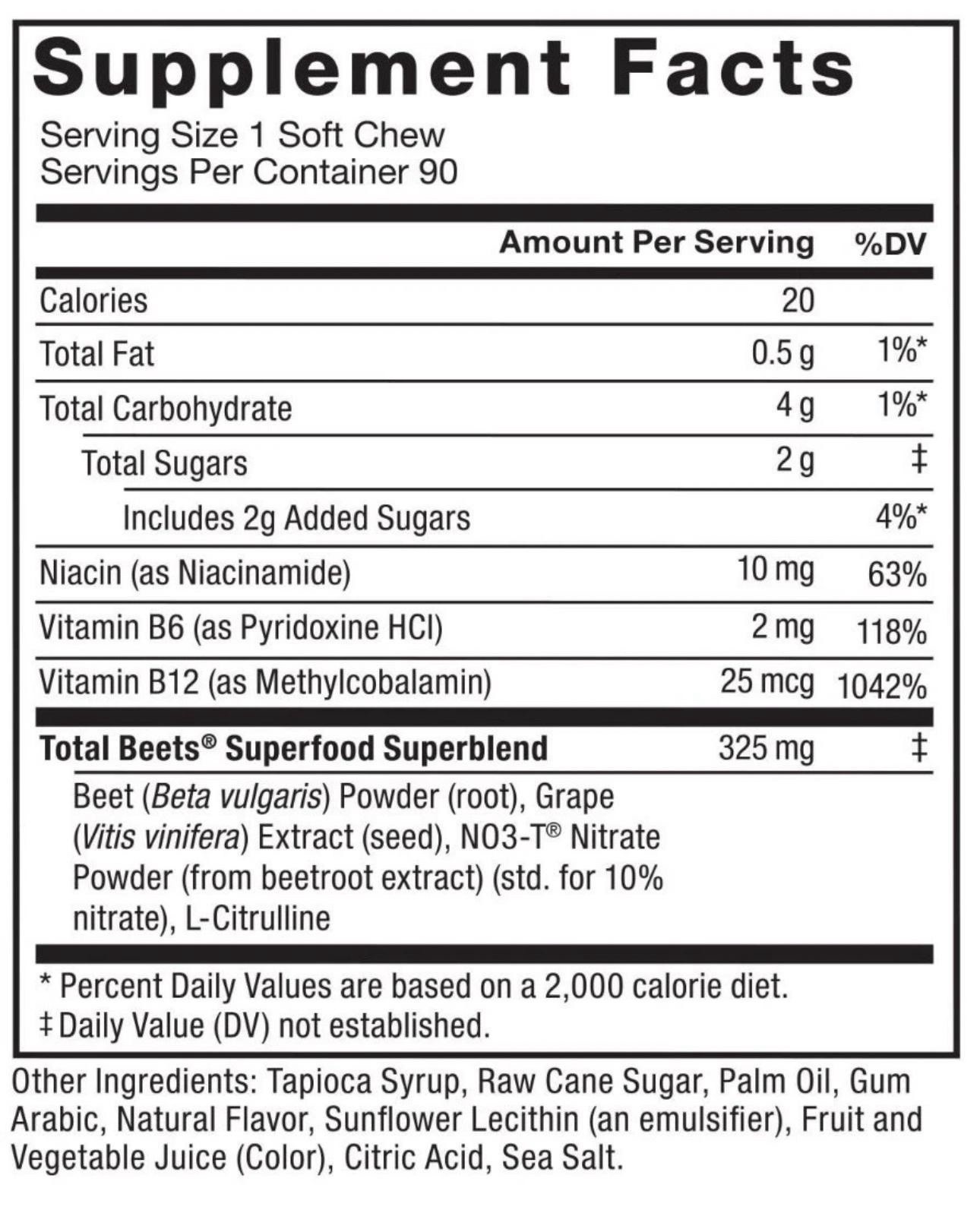 Force Factor Total Beets Soft Chews 90 Ct Acai Berry Heart Energy Exp 11/2027