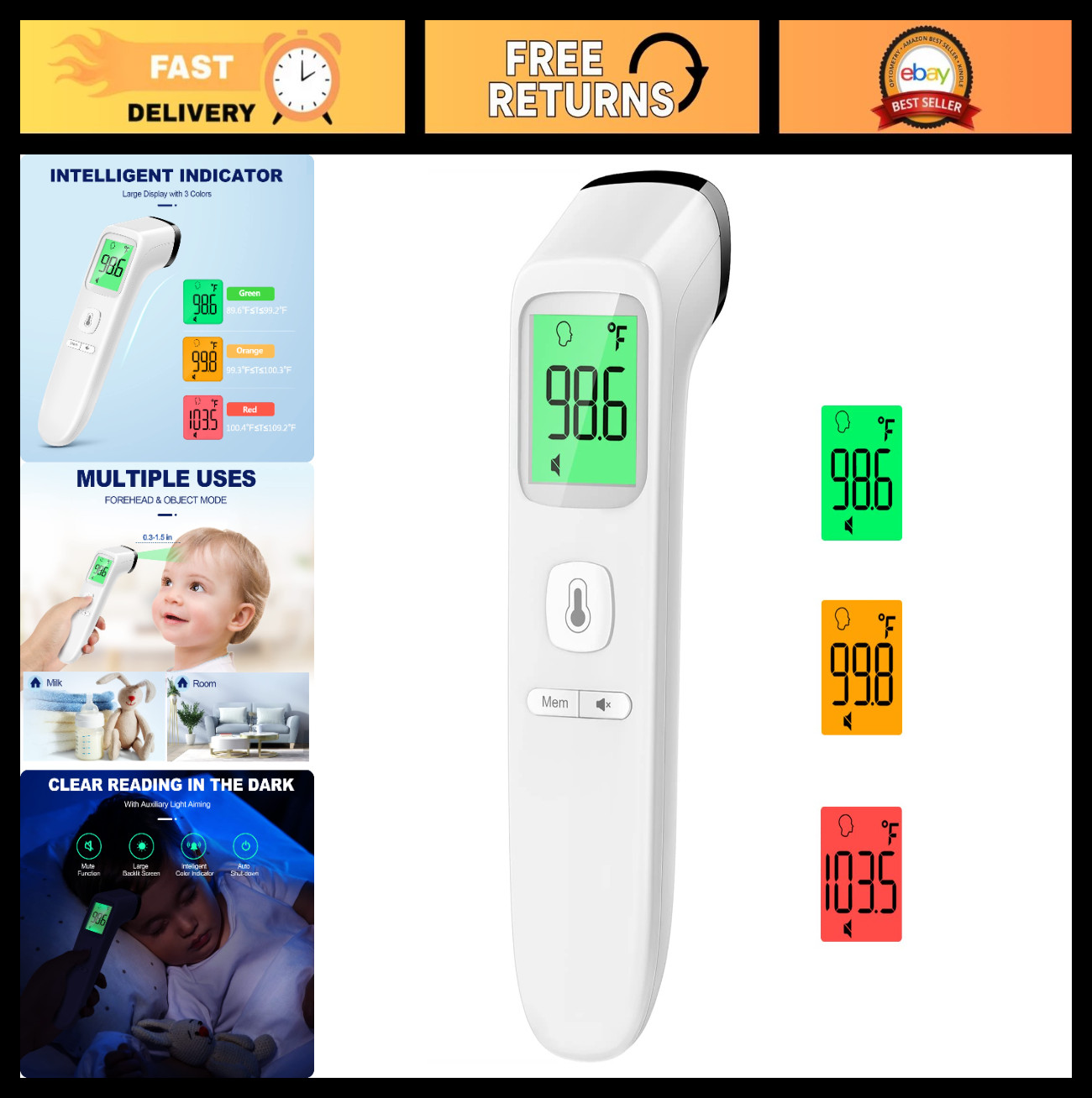No-Touch Digital Thermometer for Adults & Kids, Accurate Fever Alarm, Silent Mod