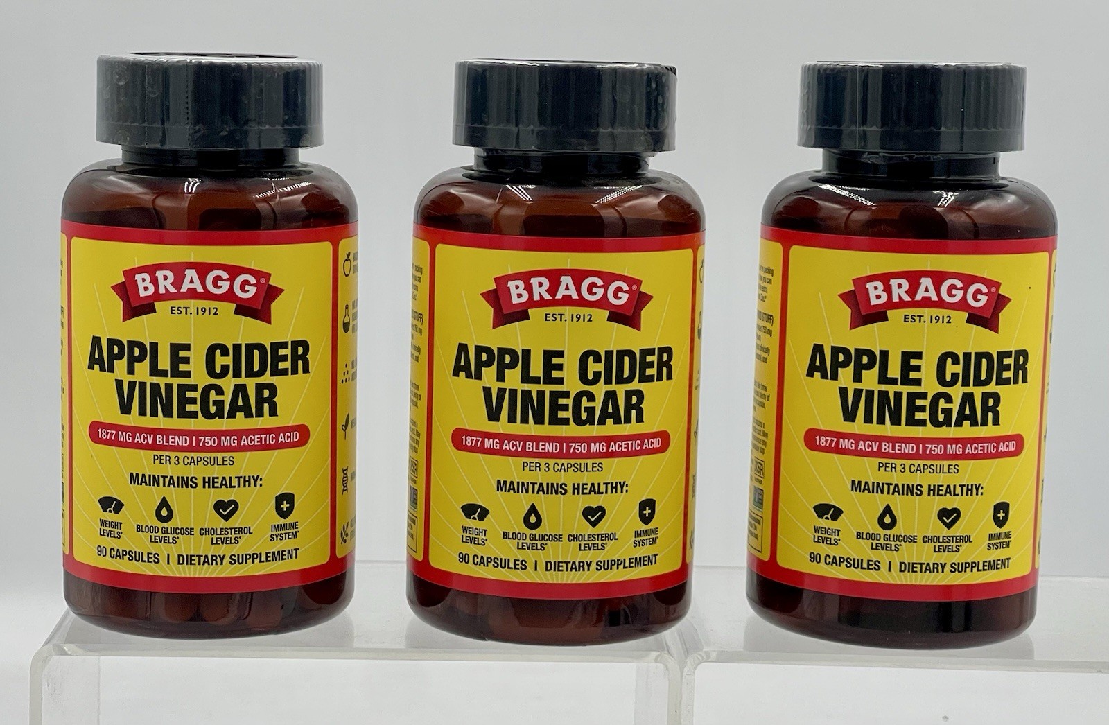 Lot of 3 Bragg Apple Cider Vinegar 90 Capsules Each Dietary Supplement EXP 03/27