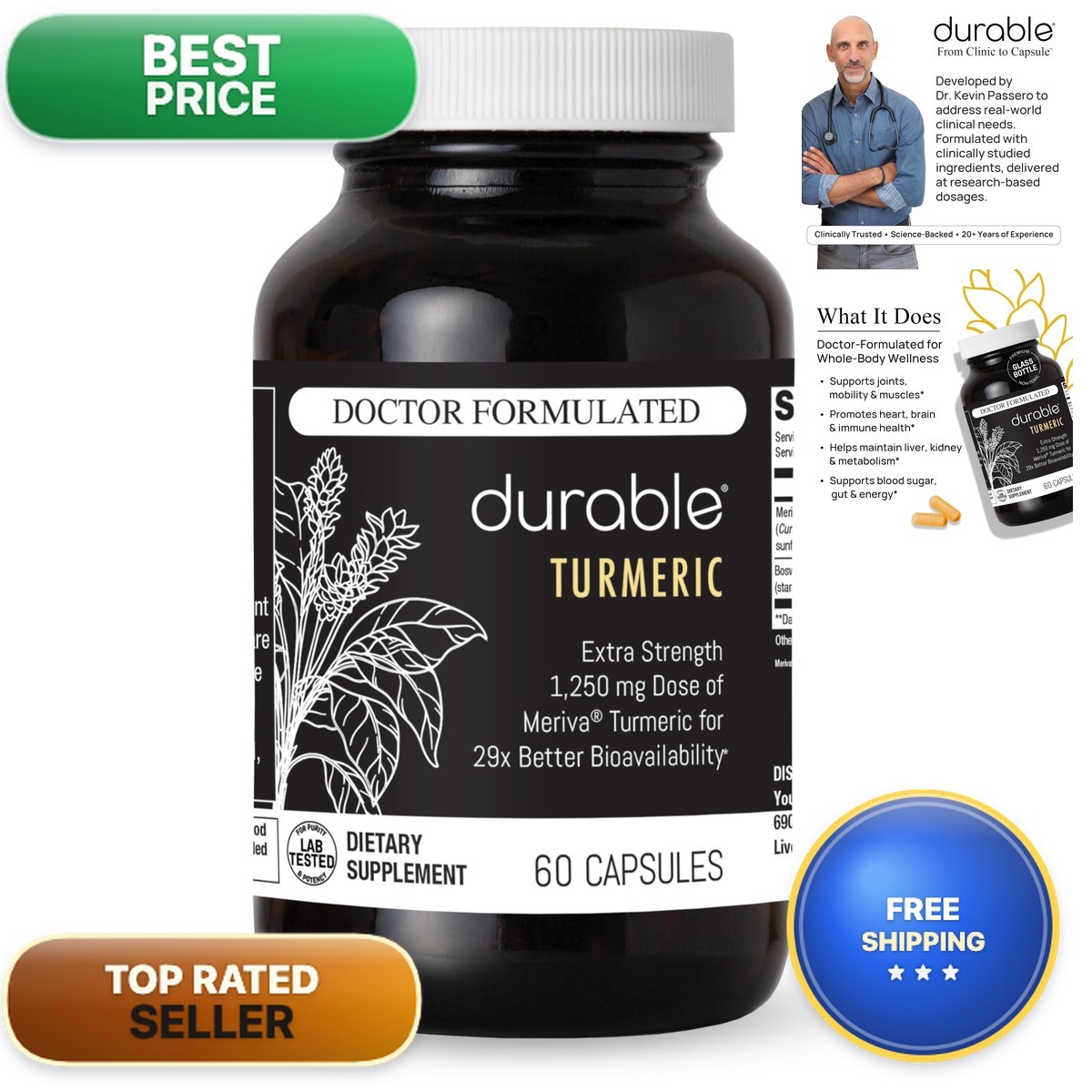 Durable Turmeric 1250mg Meriva Curcumin & Boswellia 60 Capsules