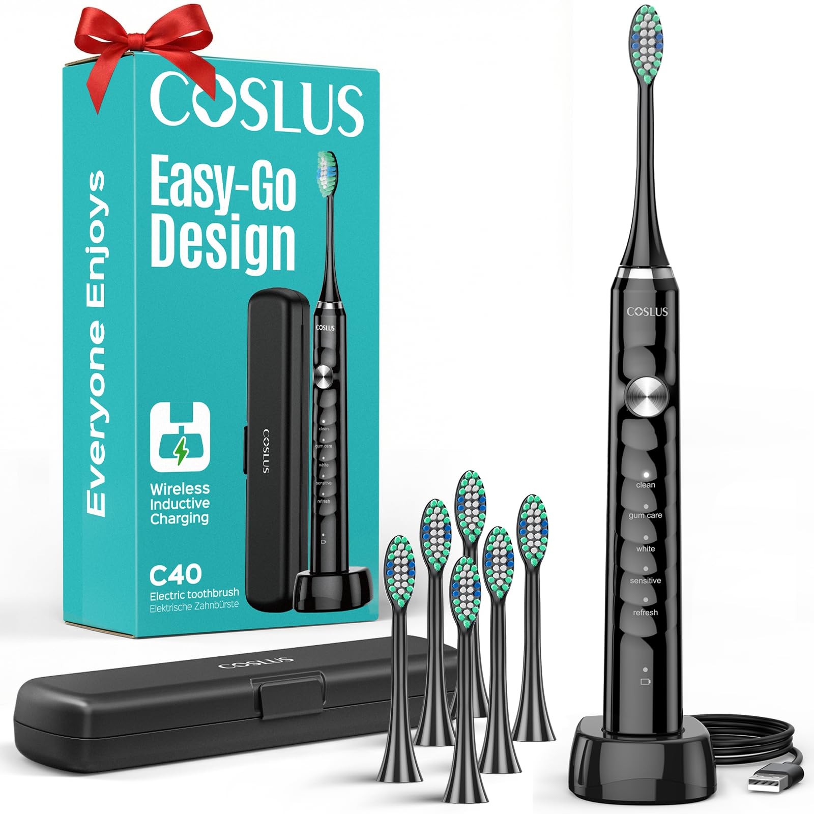 COSLUS C40 Sonic Electric Toothbrush for Adults, 1 Count (Pack of 1), Black