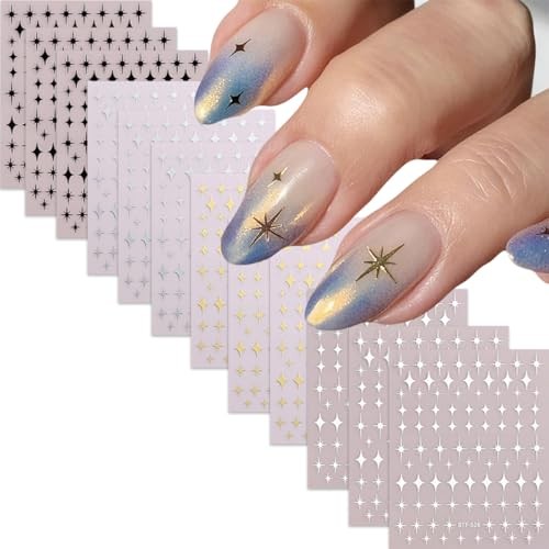 12 Sheets Gold Star Nail Art Stickers Star Nail Decals 3D Self Style-11