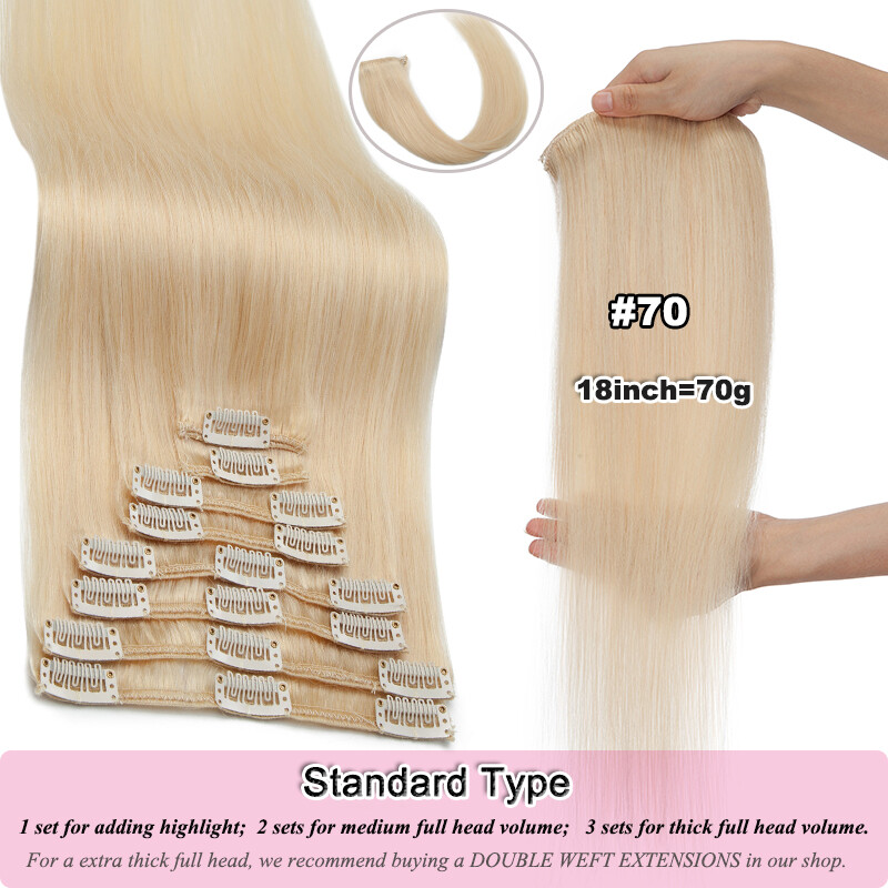 Clip In Human Hair Extensions Russian Remy Hair 8 Pieces with 18 Clips Full Head