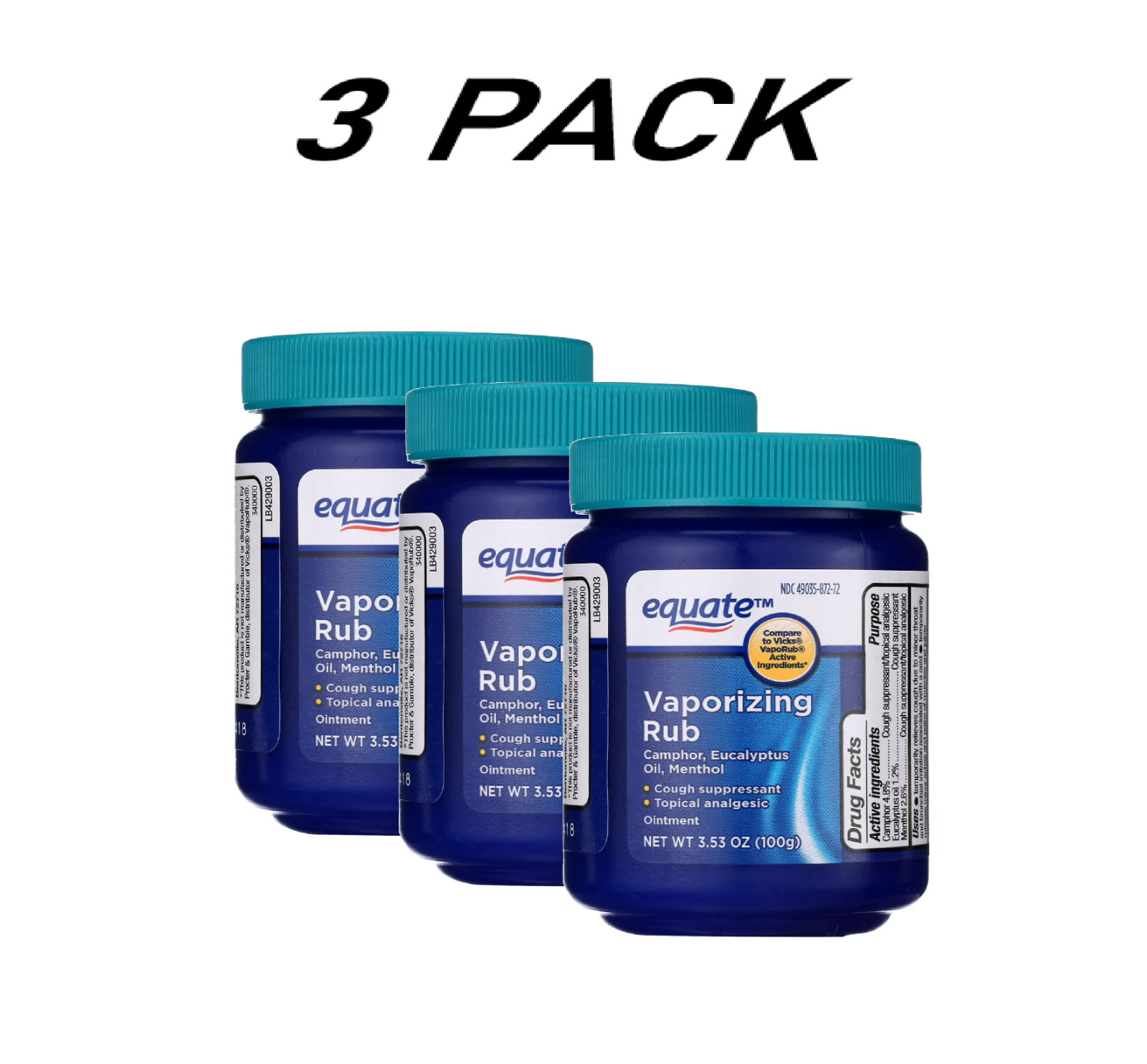 (3 PACK) Equate Vaporizing Rub Ointment, 3.53 oz. Compare to Vicks Active.