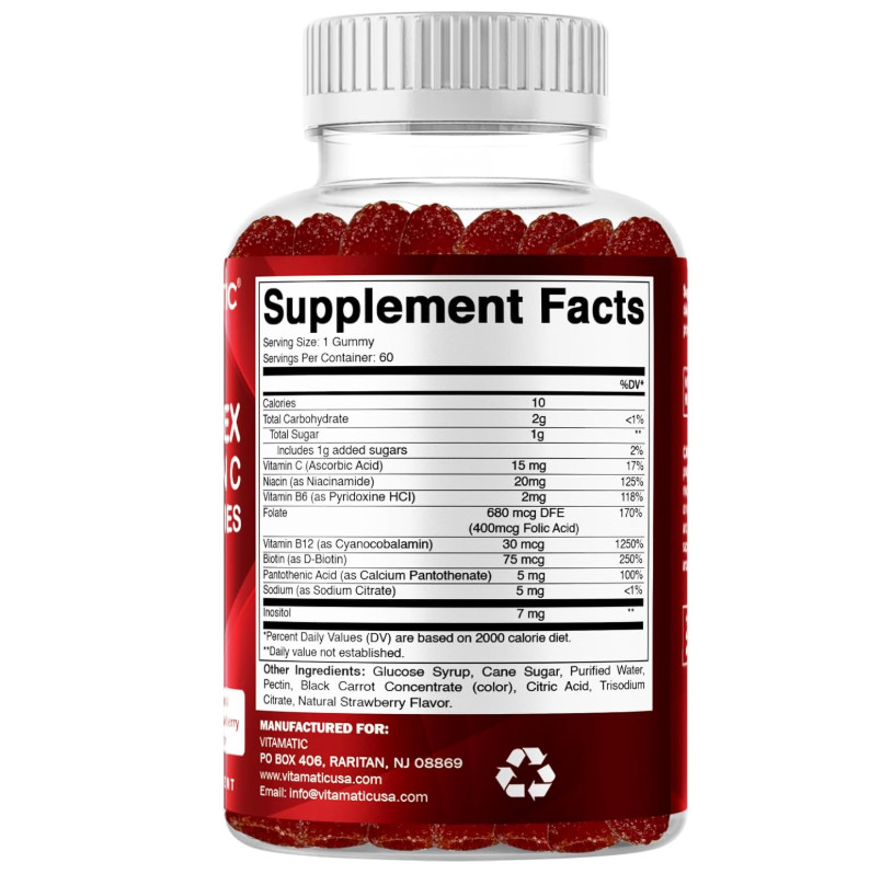 Vitamin B Complex Gummies With Vit C Inositol Strawberry Energy Vegan 60 Count