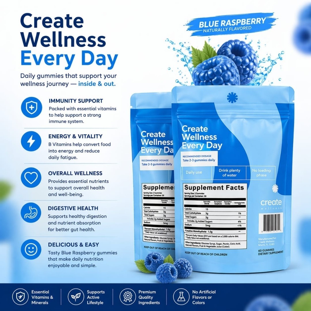 Create Creatine Monohydrate Gummies – Blue Raspberry – 90 Count – 2 pack