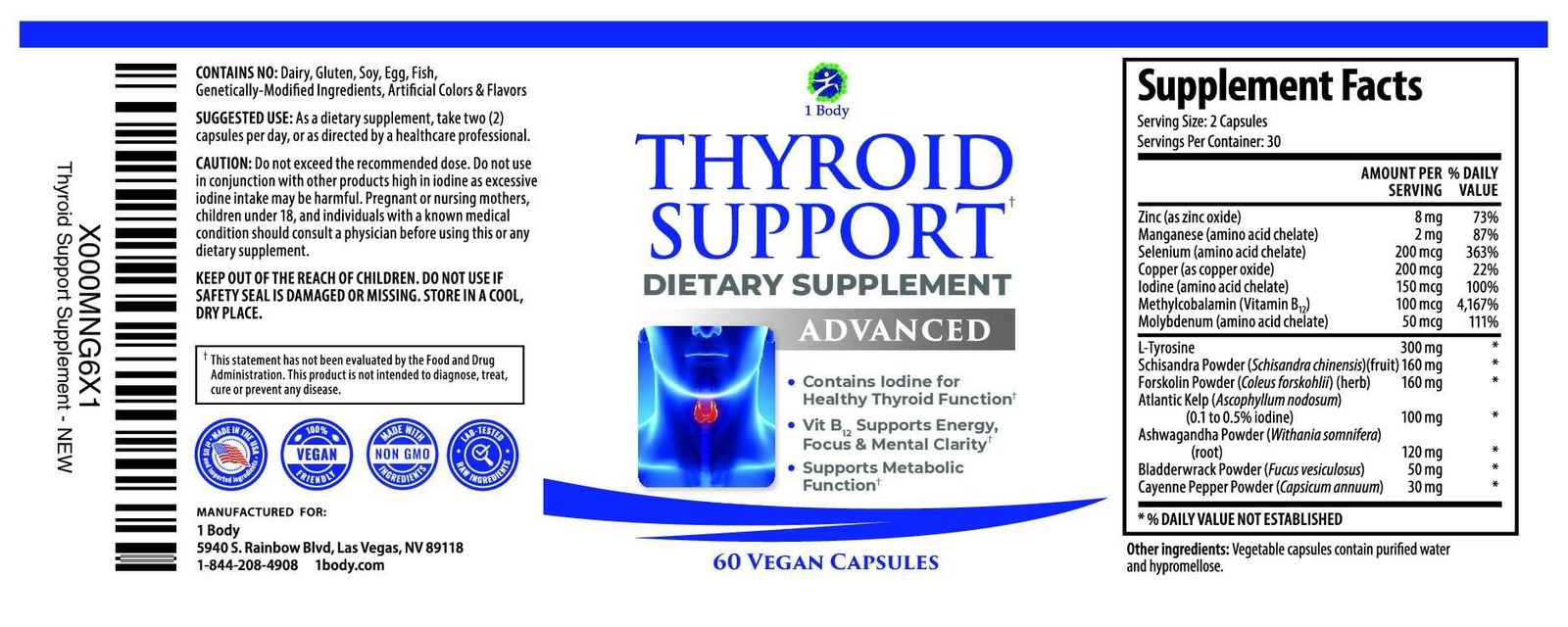 1 Body Thyroid Support Supplement for Women and Men, Selenium with Iodine, Zi…