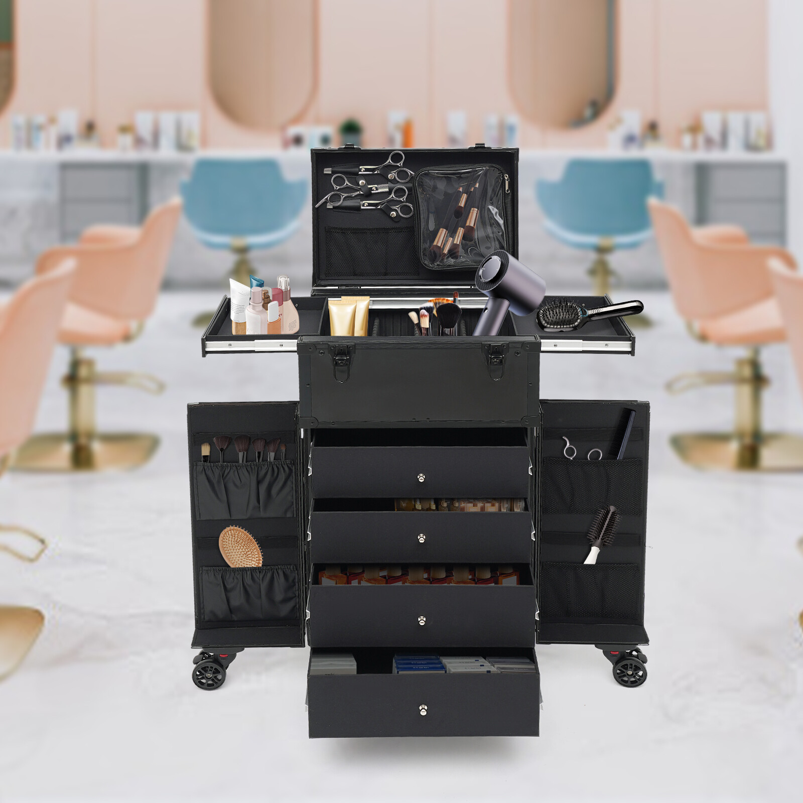 Rolling Makeup Train Case Cosmetic Trolley Travel Makeup Storage Organizer Black