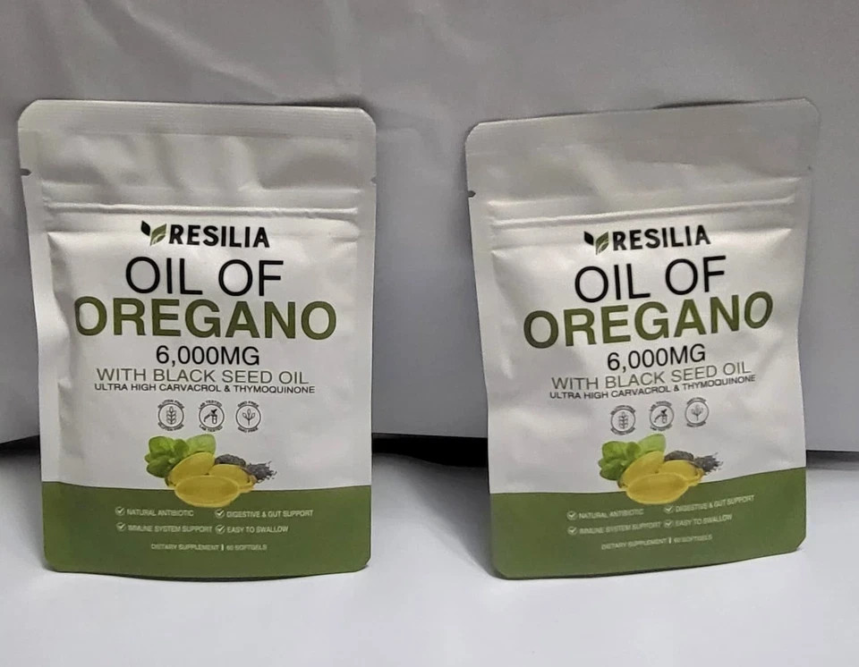 2 Sealed Resilia Oil Of Oregano 6,000 Mg, With Black Seed Oil, 60 Softgels Each