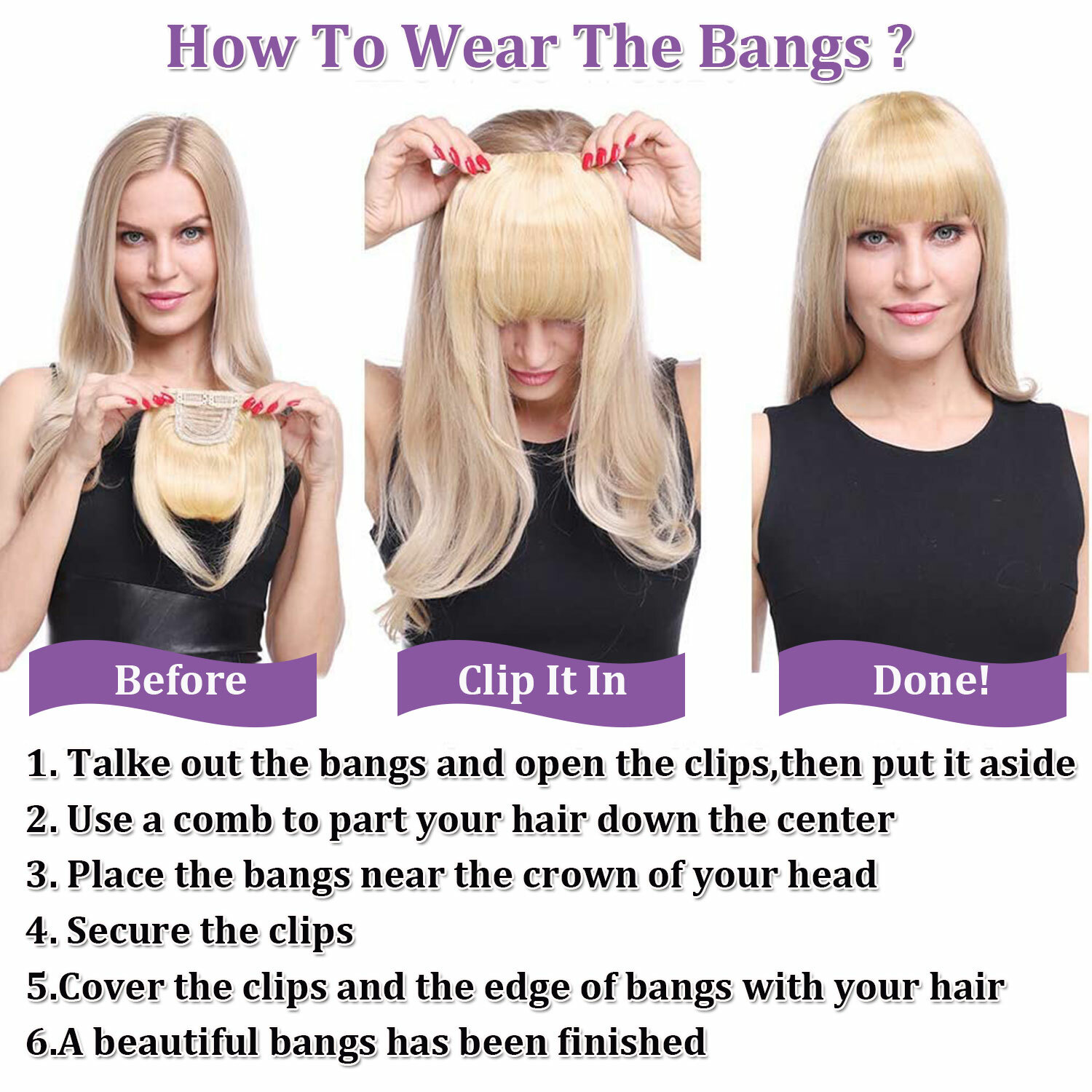 THICK/Thin Remy Hair Bangs 100% Human Hair Extensions Clip In on Front Hairpiece