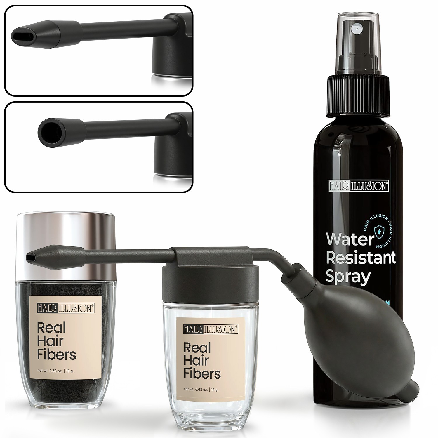 Hair Illusion Hair Fibers Kit: 18g BLACK Fibers, Water Resistant Spray. Applic