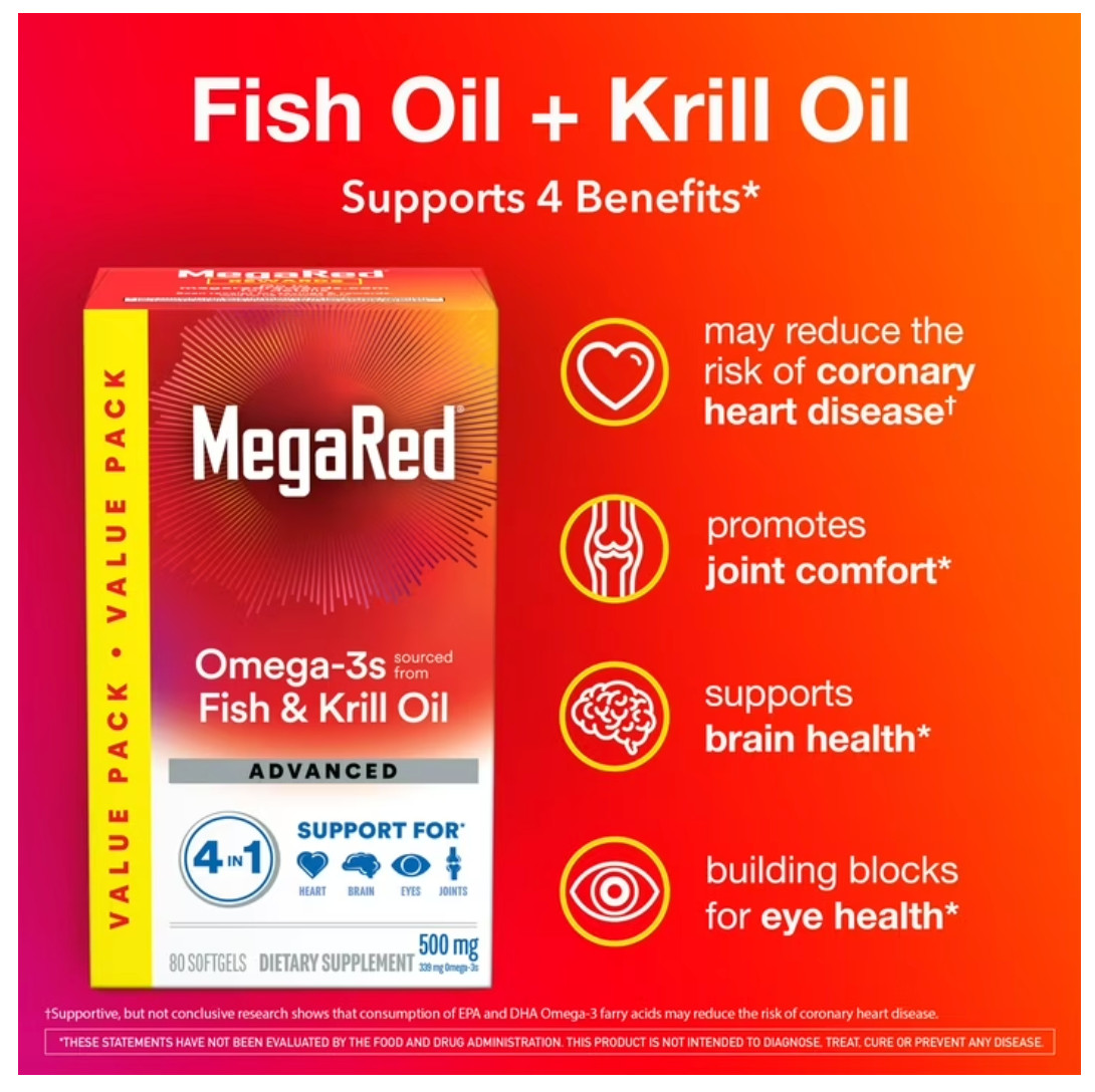 MegaRed Advanced 4-in-1 Omega-3 500mg 80 Softgels Heart Joint Support 2-Pack
