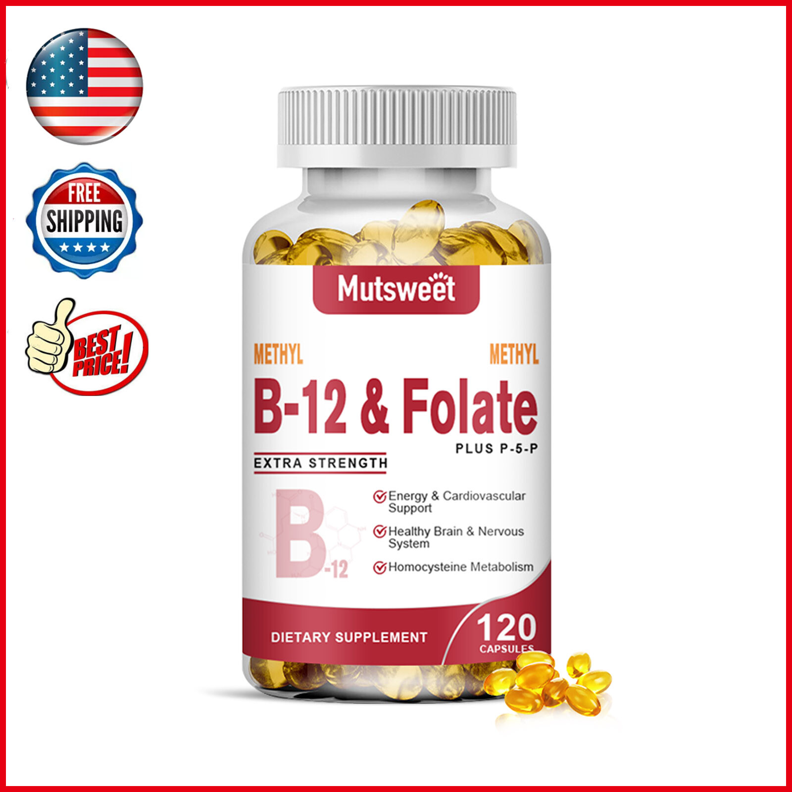 Methyl Folate Capsules, Methylated Multivitamin for Women & Men w/Vitamin B12 B6